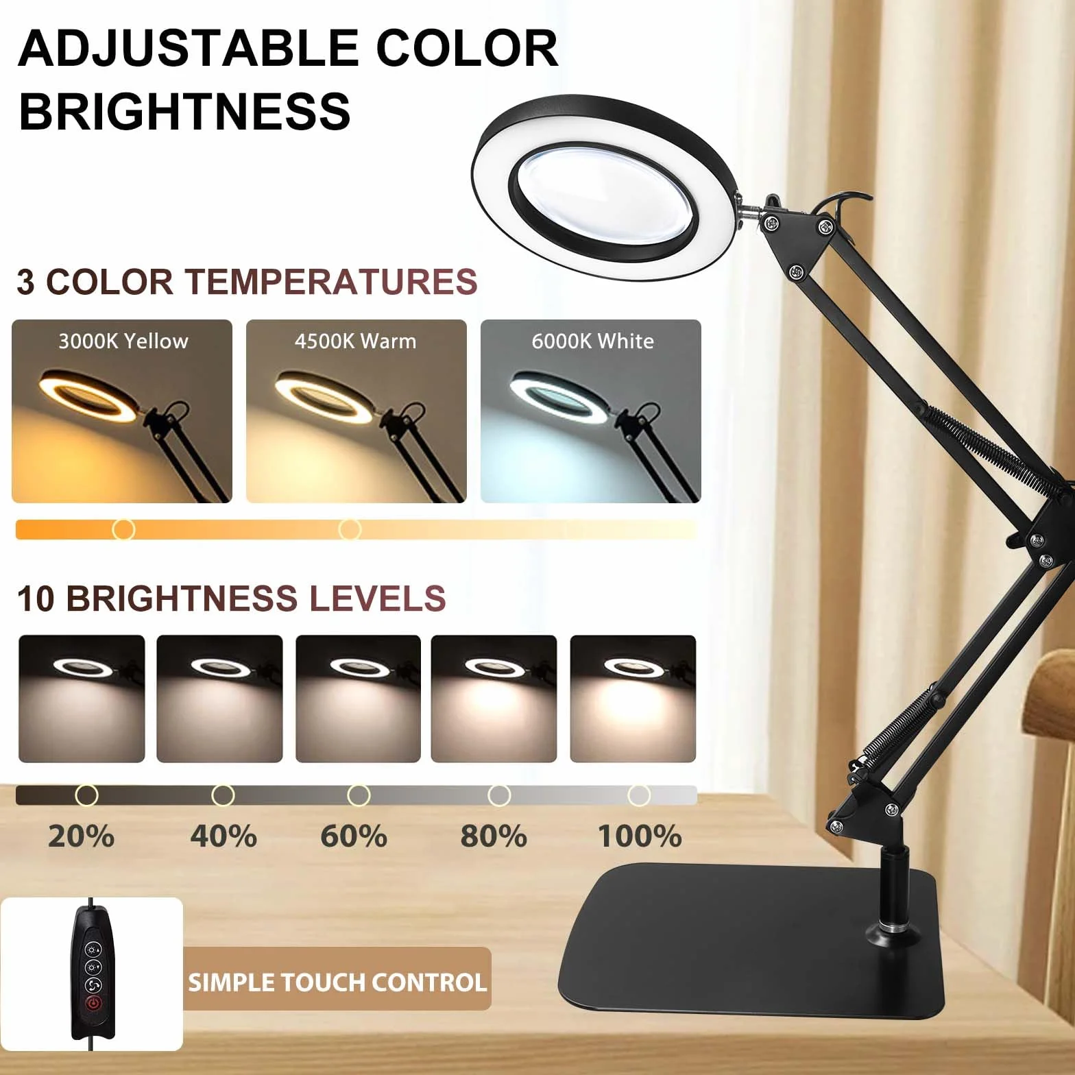 UCAMP Lampada con Lente di Ingrandimento Professionale,10x Lente di Ingrandimento con Luce,Lampada ingrandimento per Lettura,Riparazione,Artigianato,3 Modalità Colore,10 di Luminosità