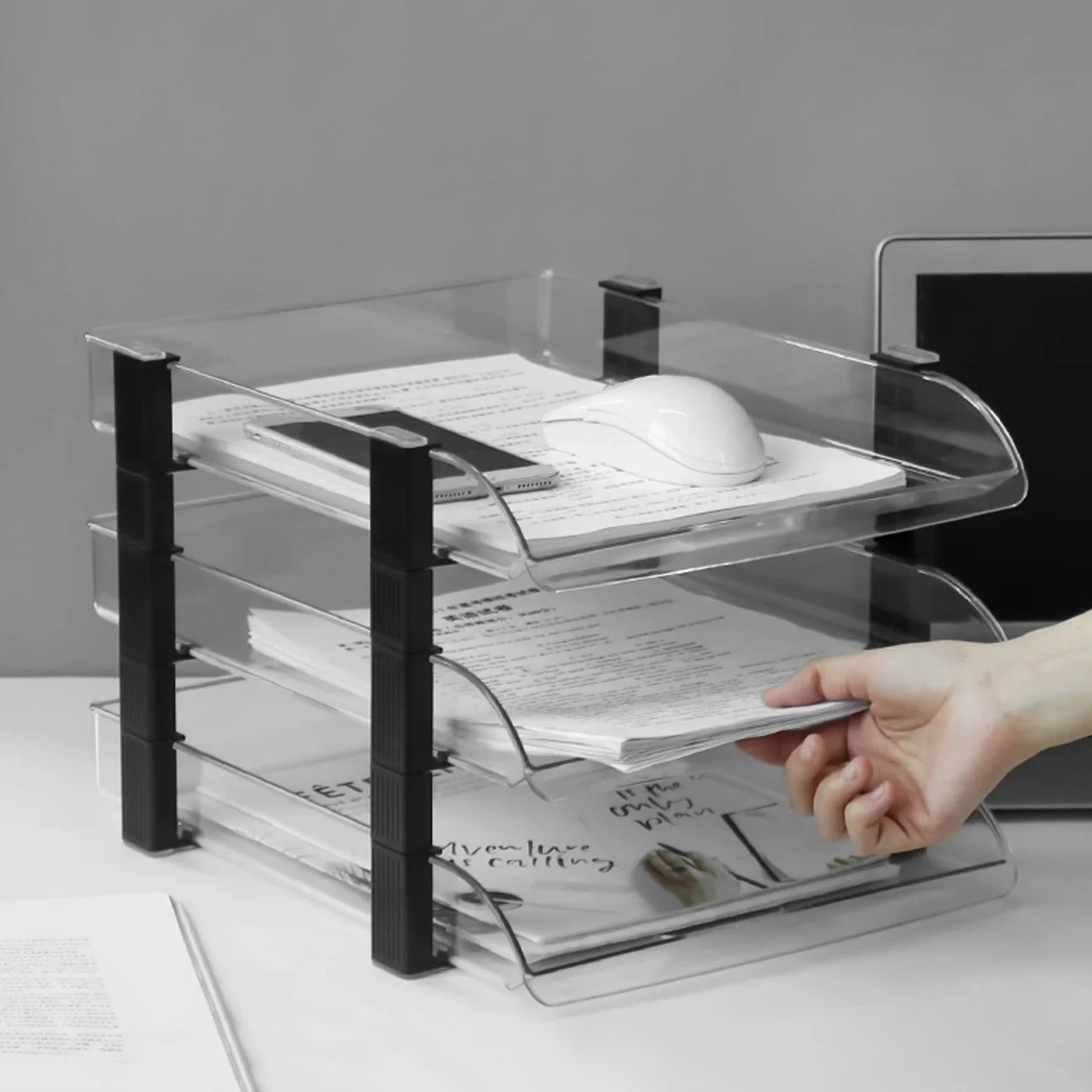 BEIJIALY Vassoio Carta Impilabile, Vassoio Portalettere da Scrivania, Portadocumenti Classificati a Strati Portaoggetti per Ufficio in Acrilico, Portacarte per Ufficio Domestico(Trasparente 3 strati)