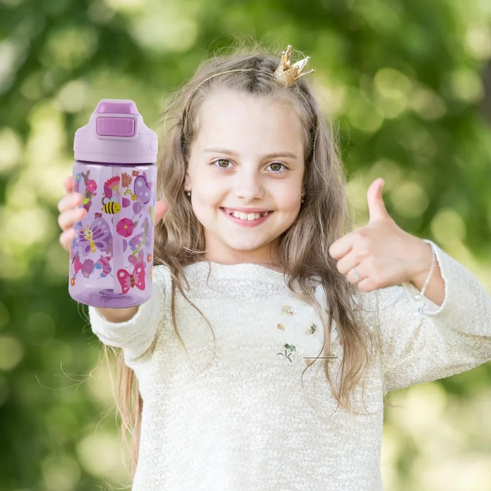 Borraccia Bambini 400ml Robusta Infrangibile Senza BPA One-Touch con Cannuccia Farfalla