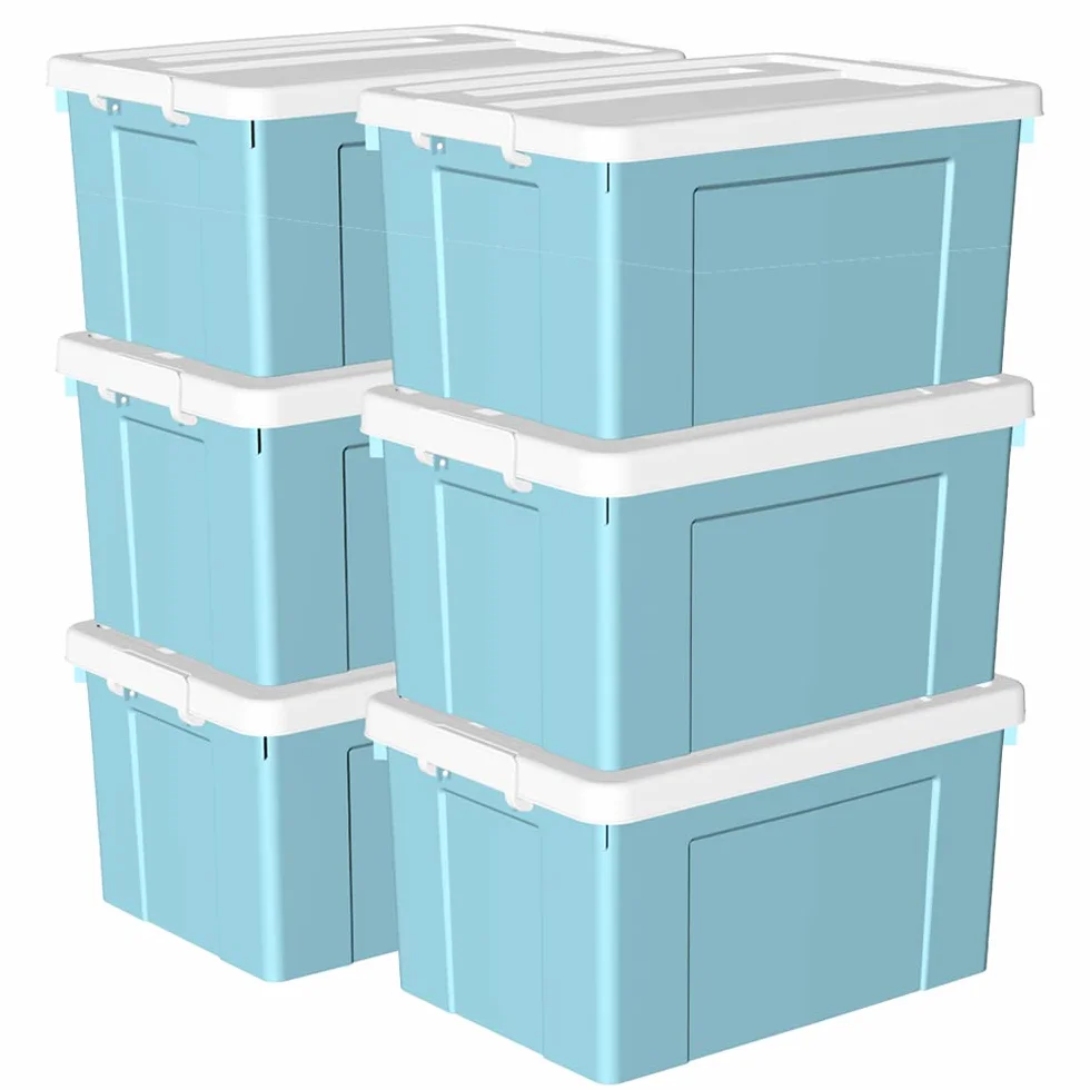 Cetomo 90L*6 Scatole di Stoccaggio in Plastica, Scatole Portaoggetti con Coperchio, Organizzatore con Ruote, Contenitori per Casa e Ufficio, Impilabile, Resistente, Blu, 90L - Confezione da 6
