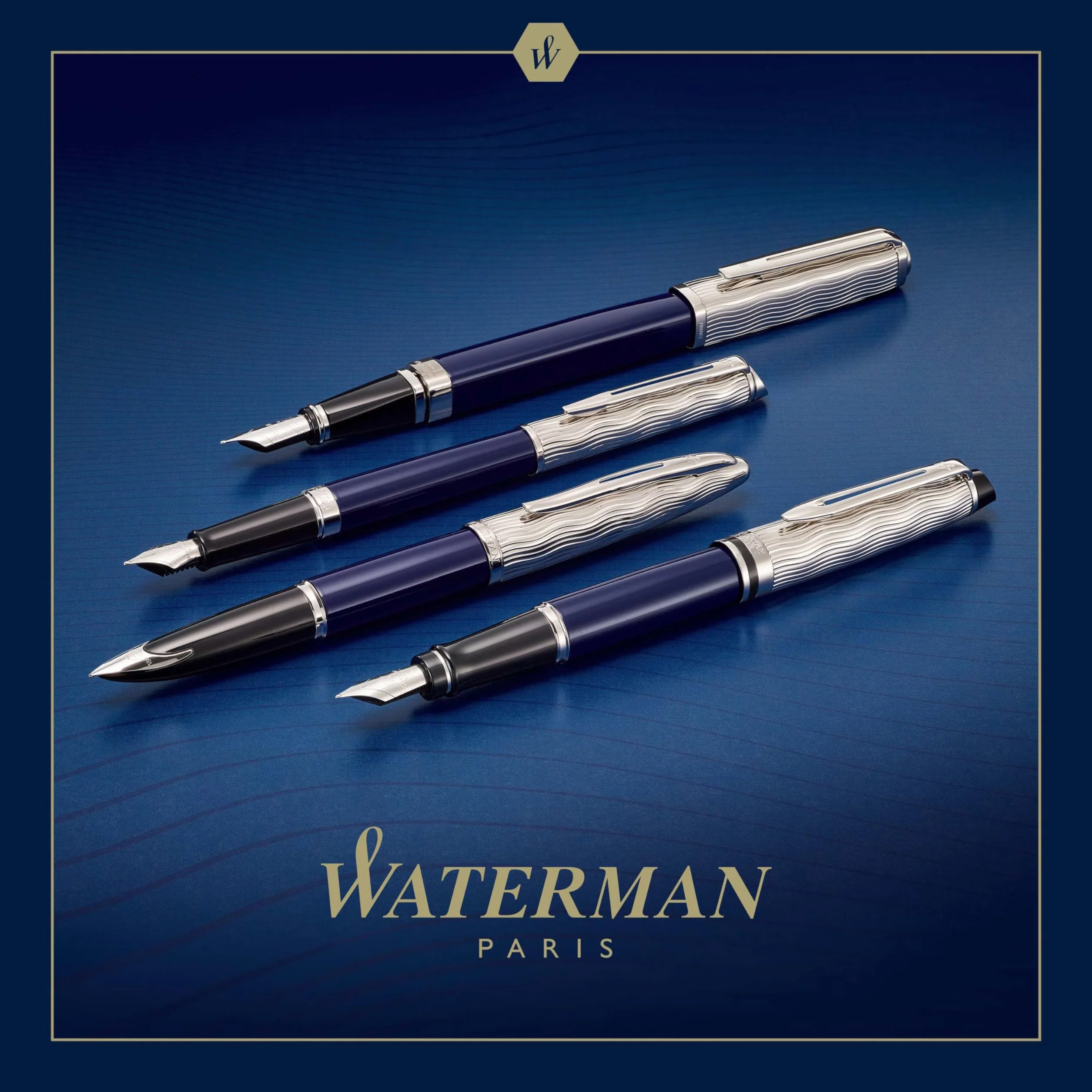 Waterman Hémisphère penna stilografica | Laccatura blu e metallo | Cappuccio cesellato | Pennino sottile in acciaio inossidabile | Inchiostro blu | Confezione regalo