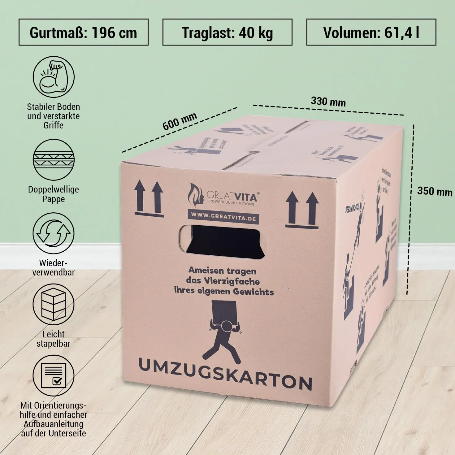 25 cartoni per trasloco, cartoni per libri, cartoni per documenti, 600 x 330 x 350 mm, 2 ondulati, extra grandi e stabili fino a 40 kg, in carta riciclata e riutilizzabili, grandi scatole di