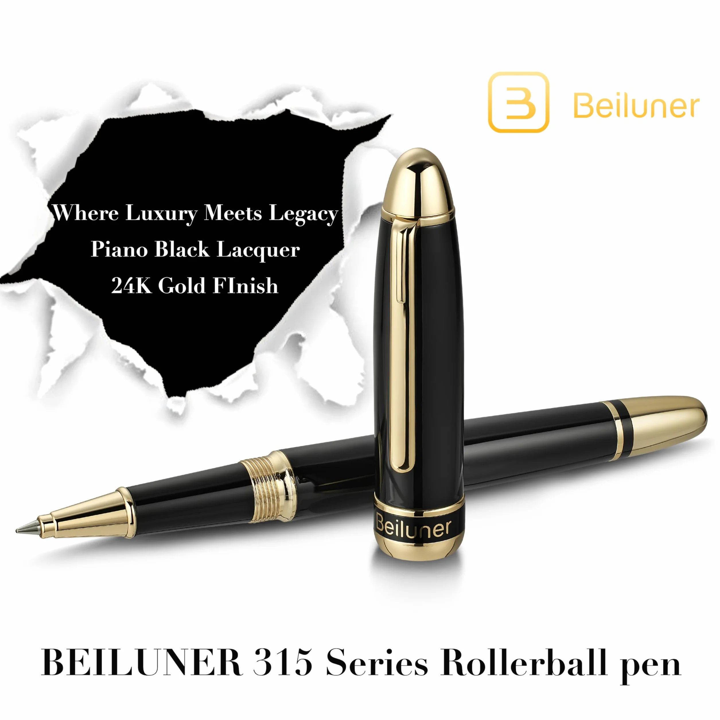 BEILUNER 315 Penna Rollerball di Lusso, Finitura Oro 24K Premium e Laccatura Piano Elegante, Set Regalo Dirigenziale per Professionisti e Laureati, Penna da Ufficio di Prestigio - Nero & Oro