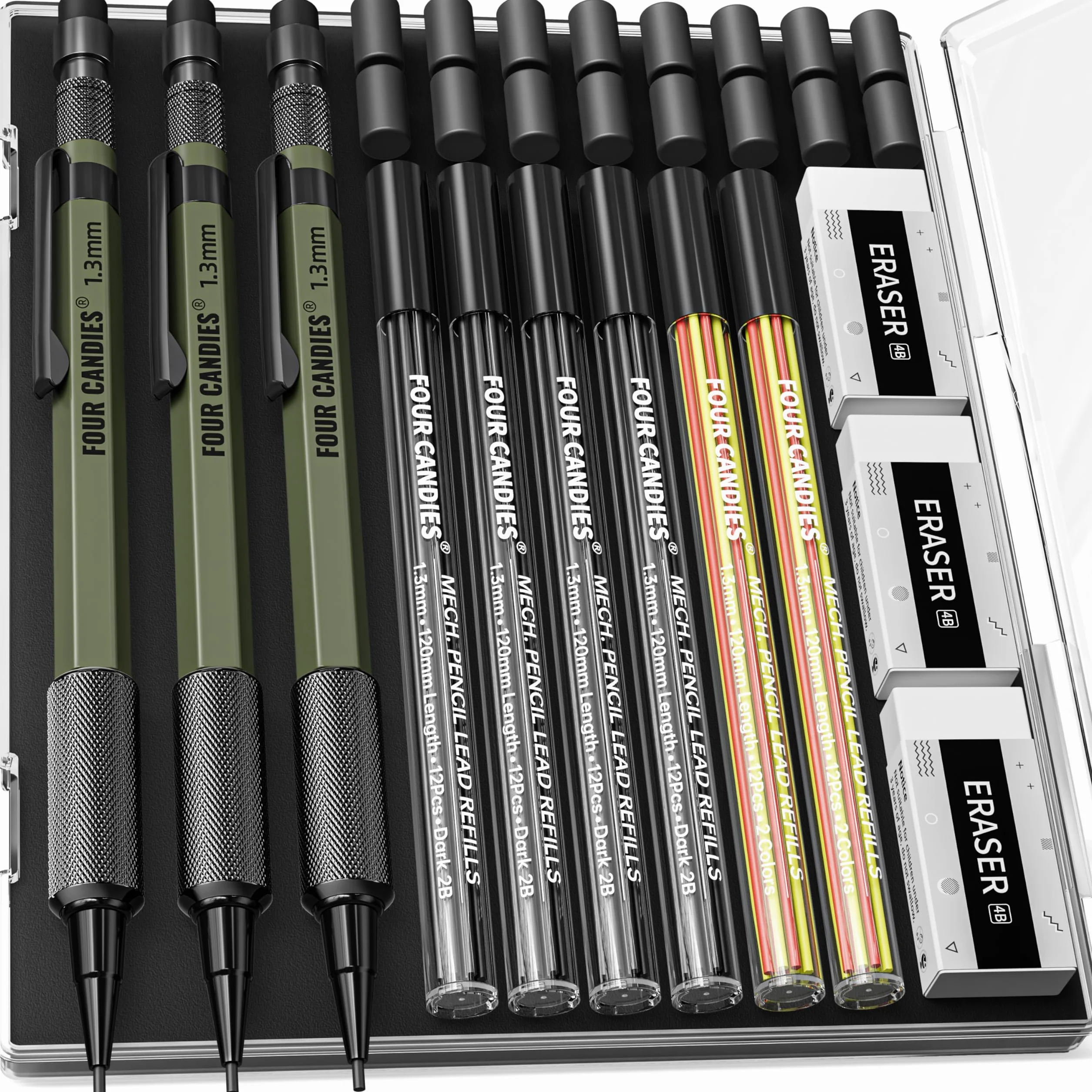 Four Candies 3 matite meccaniche 1,3 mm con custodia, matite da falegname in metallo, 48 ricariche, 3 gomme, 12 ricariche per gomma