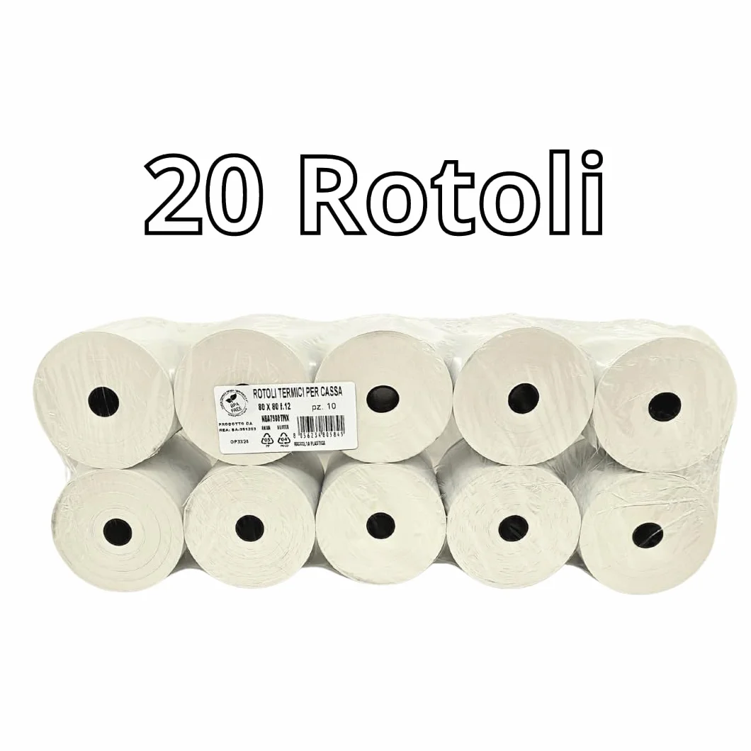 Carta Termica 80x80x12mm 20 Rotoli BPA Free Omologati per Stampante Fiscale POS Epson