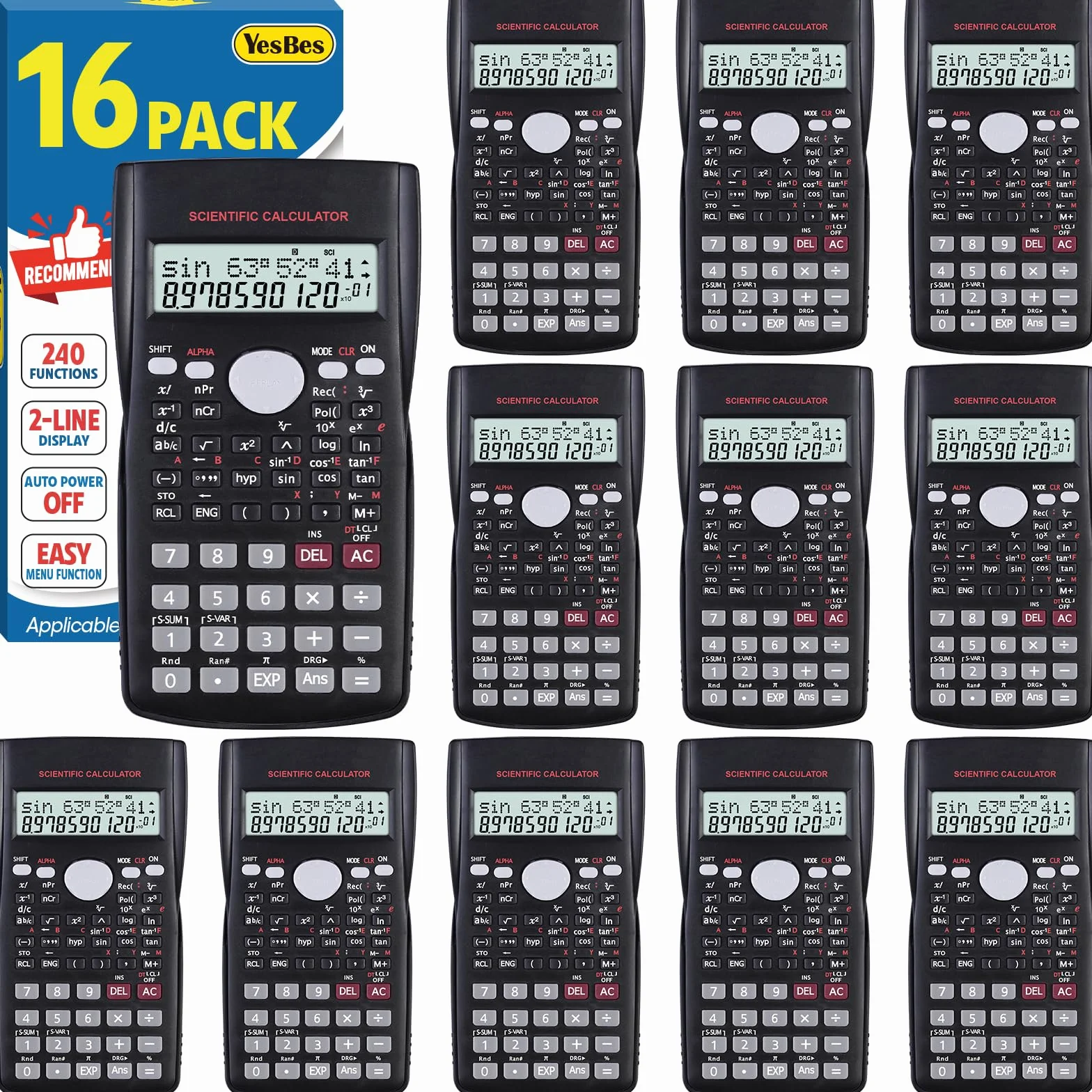 Confezione da 16 calcolatrici scientifiche, display a 2 righe con ampio schermo a 240 funzioni, calcolatrici scientifiche per studenti, calcolatrice di frazioni di algebra matematica, per scuola