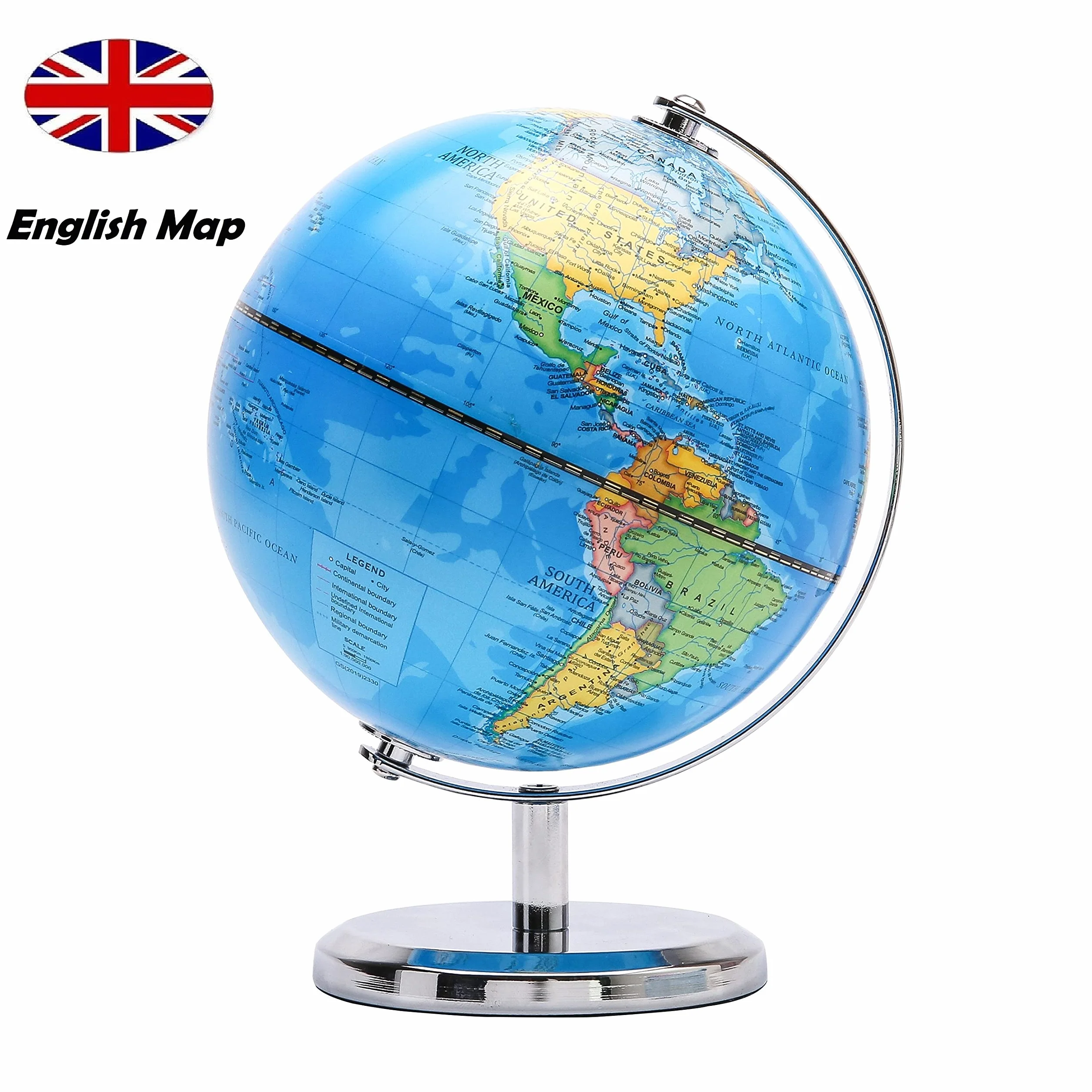 Exerz 20cm Mappamondo - Mappa Inglese - Con Base In Metallo Globo Della Scuola Decorazione/Educazione/Geografica/Moderna - Mappa politica - Diametro 20cm - Blu
