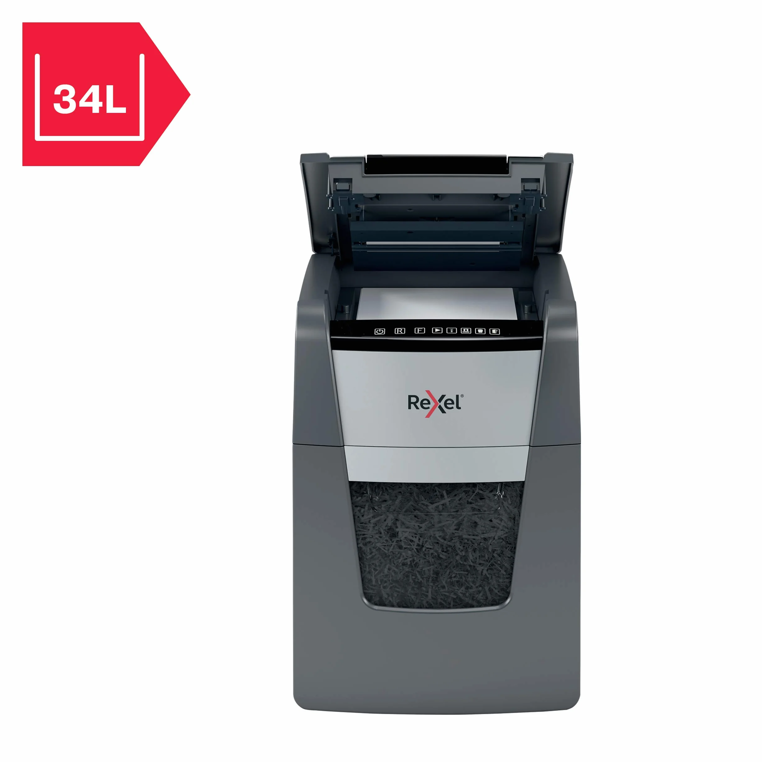 REXEL Optimum Auto Feed+ 90X, Distruggi documenti Automatico, 90-99 Fogli (80-70 gr/mq), Taglio a Frammento, Livello di Sicurezza P-4, per la Casa e per l'Ufficio, Capacità 34 Litri, 2020090XEU