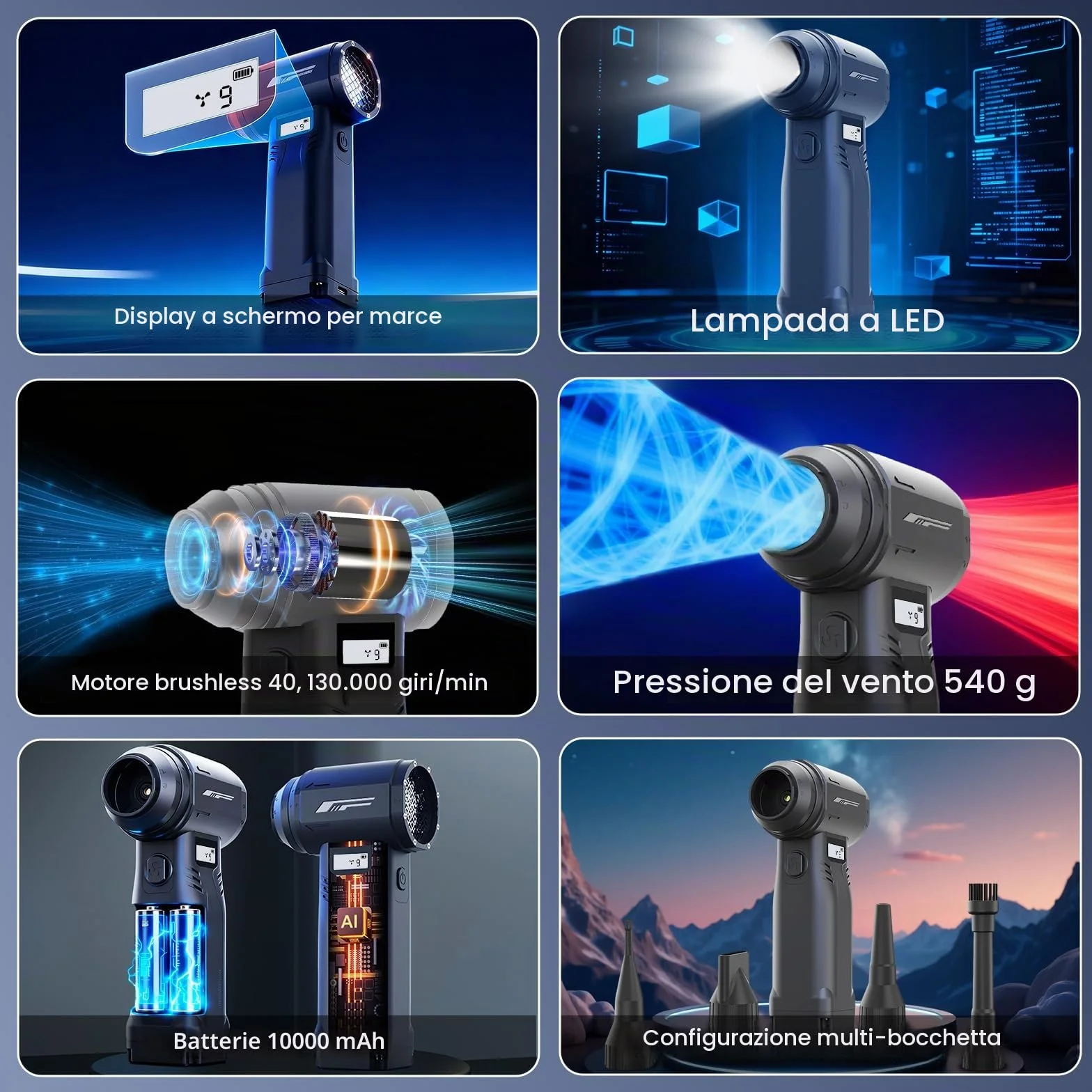 Soffiatore ad Aria Compressa, Ventola a 9 Velocità, 130000giri/min, Pressione del Vento 540g, con Luce LED e Display HD, Ricarica di Tipo C, per la Rimozione Della Polvere da Computer, Case e Veicoli