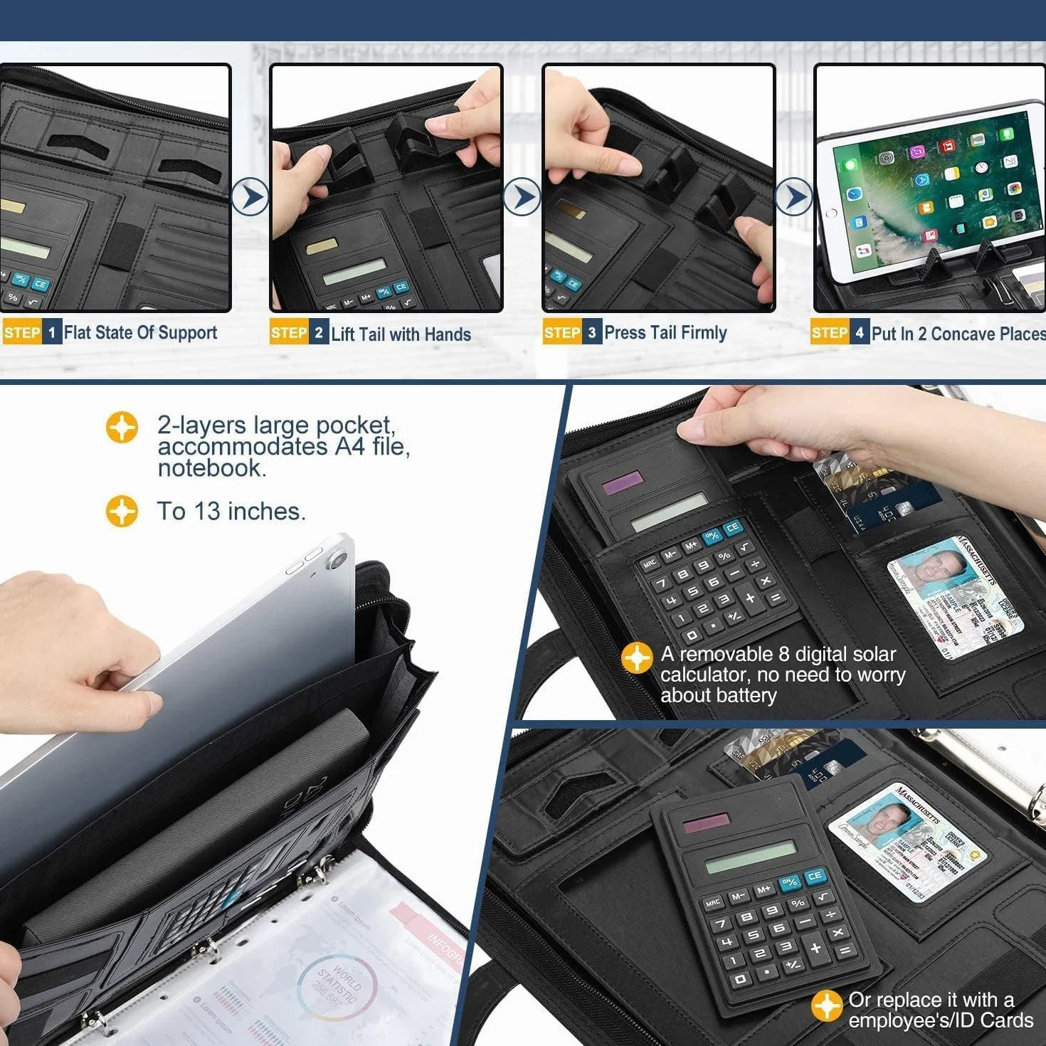 Cartella portadocumenti A4 in pelle con calcolatrice, raccoglitore ad anelli, manici magnetici pieghevoli, supporto tablet e smartphone