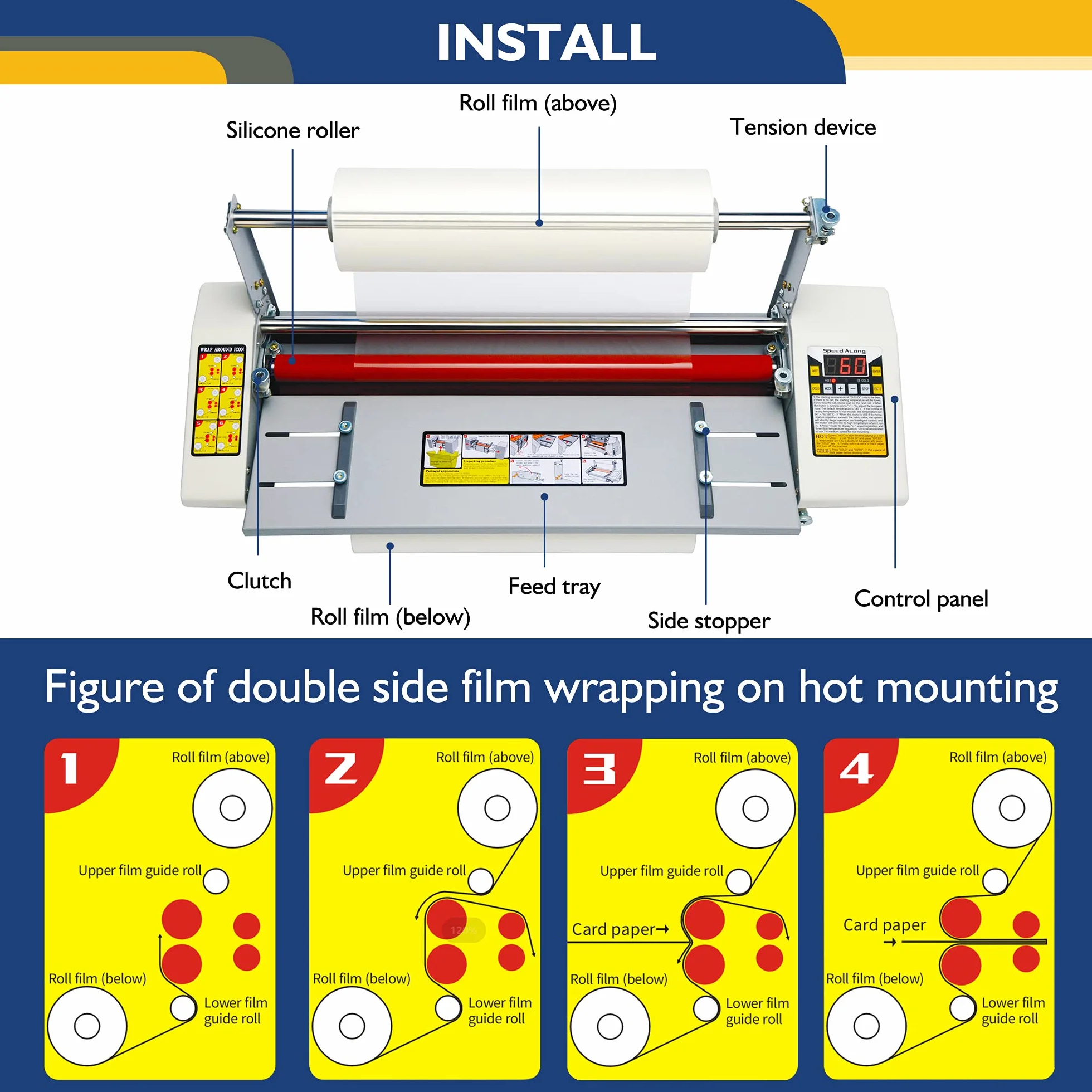 Hanchen Plastificatrice A2+ 440mm Laminatrice a Caldo e a Freddo 0-180℃ Monofacciale e Bifacciale con 4 Rulli per Foto Tessere Documenti