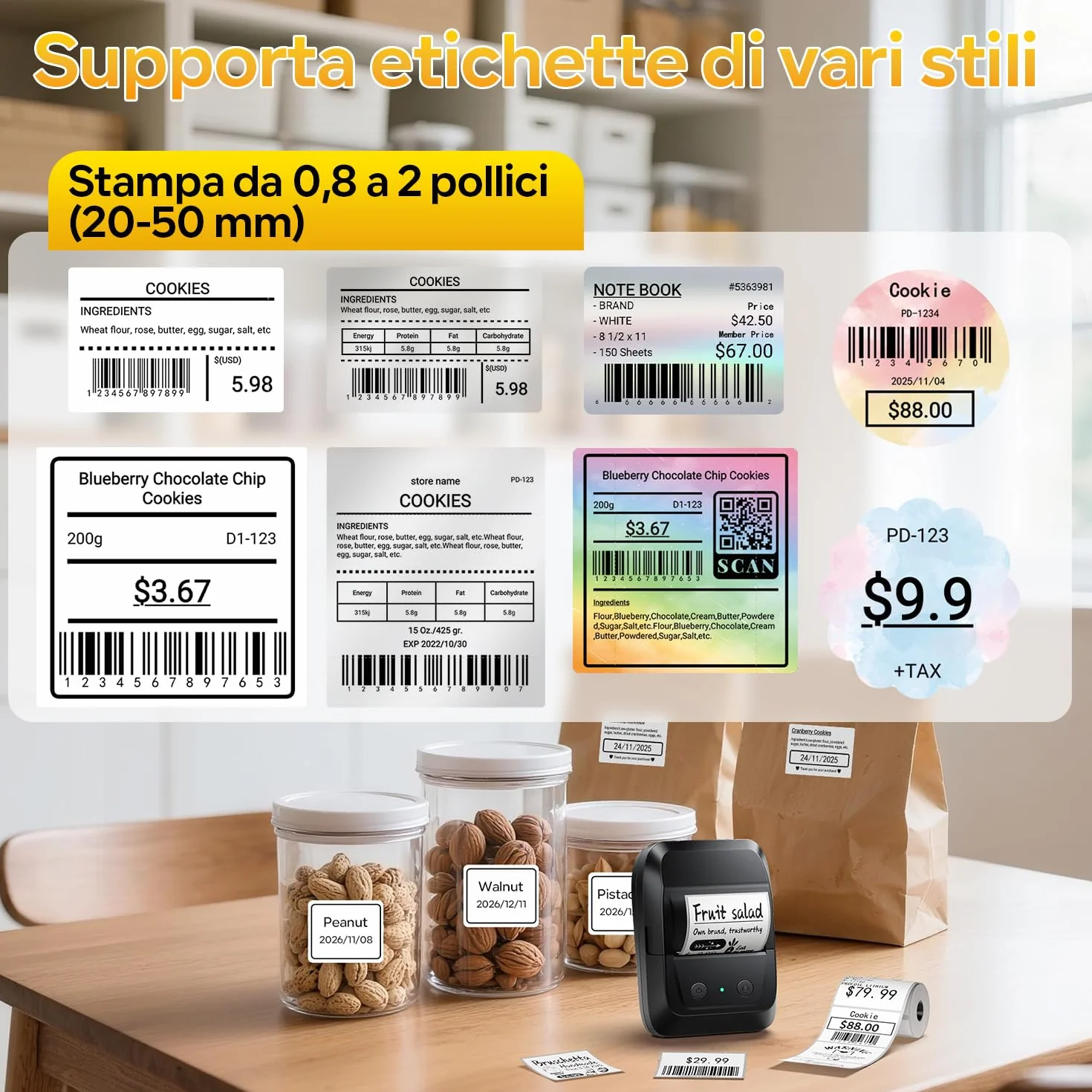 Memoking Etichettatrice Bluetooth con Etichette con 3 rotoli di etichette larghe,Stampante Etichette Adesive, Thermo Label Printer per codici a barre, logo, indirizzo, vendita al dettaglio, ufficio