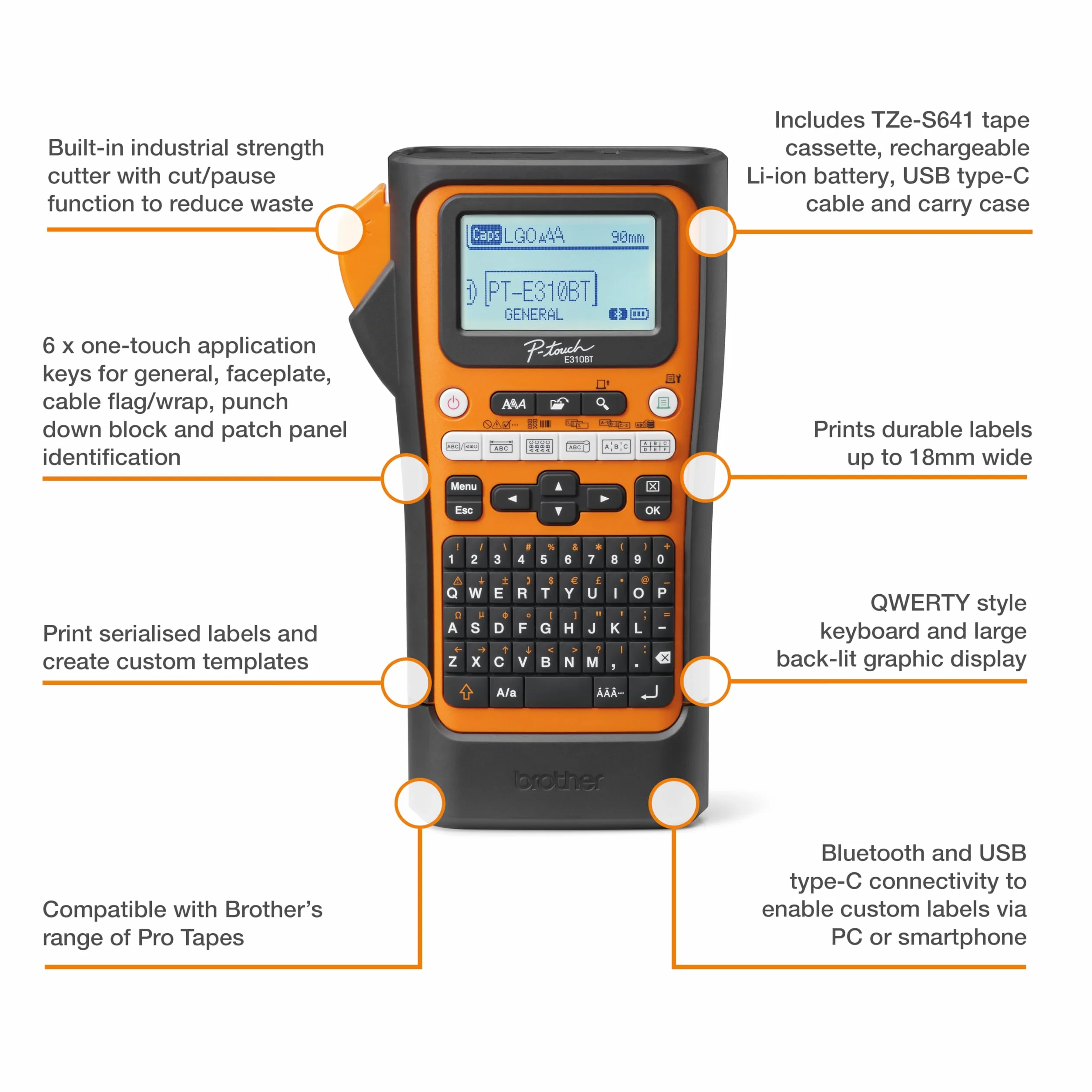 Brother PT-E310BTVP Etichettatrice Palmare Professionale Tastiera QWERTY Display LCD Nastri TZE 18 mm Valigetta Alimentatore