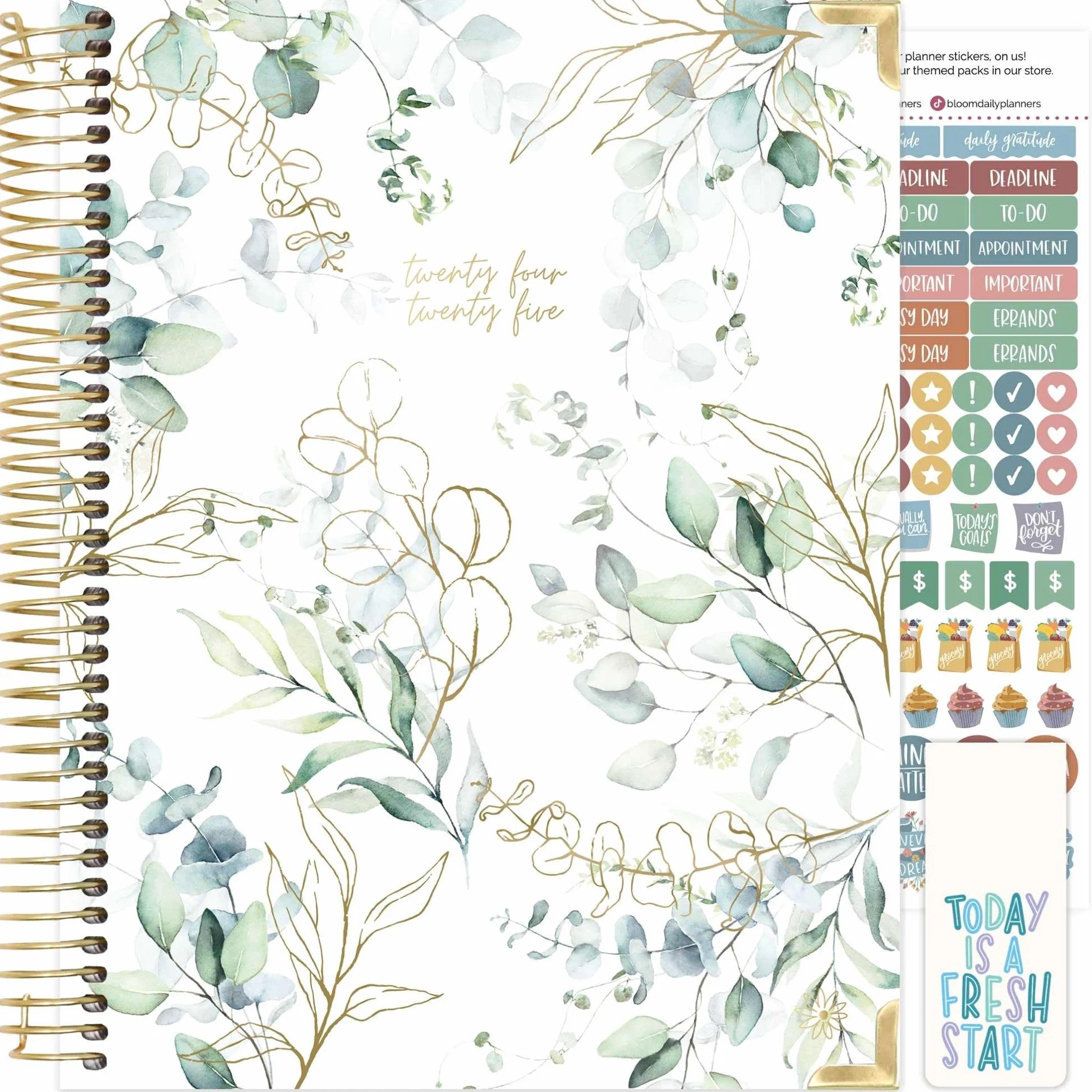 Hardcover, agenda bloom daily planners 2024-2025 (21,6 x 27,9 cm) per anno accademico (luglio 2024 - luglio 2025), organizer per passioni/obiettivi, agenda mensile e settimanale, eucalipto, bianco