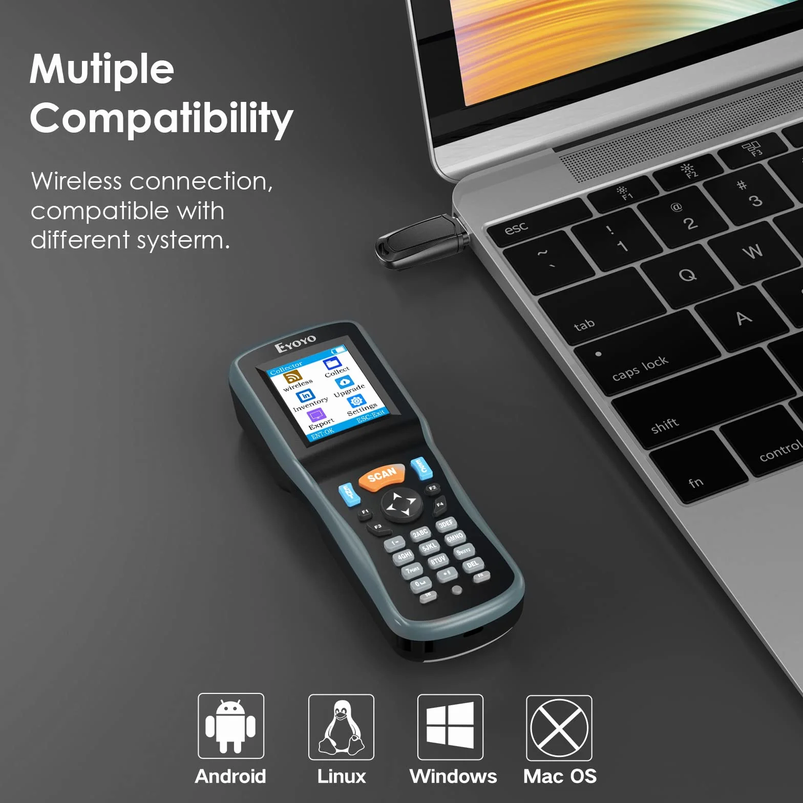 Eyoyo Lettore di Codici a Barre 2D, Inventario Barcode Scanner Data Collector, 1D QR Wireless Terminale Dati Portatile Dispositivo di Inventario with 2.2in TFT Colori LCD Screen per Warehouse Express