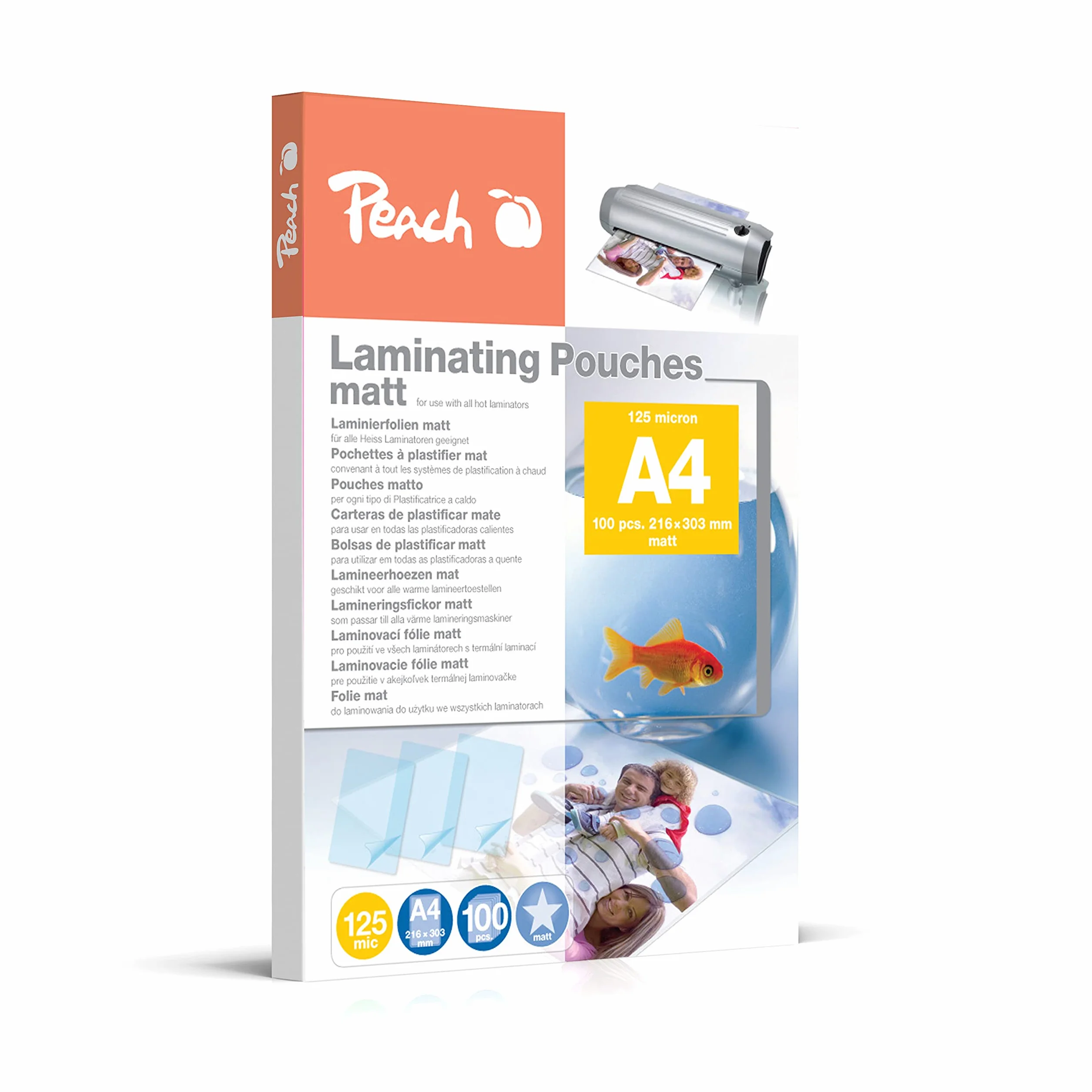 Peach Pellicole per laminazione A4-125 mic, 100 pouches, opache, scrivibili, qualità premium per i migliori risultati di laminazione, compatibili con dispositivi di tutte le marche - S-PP525-22