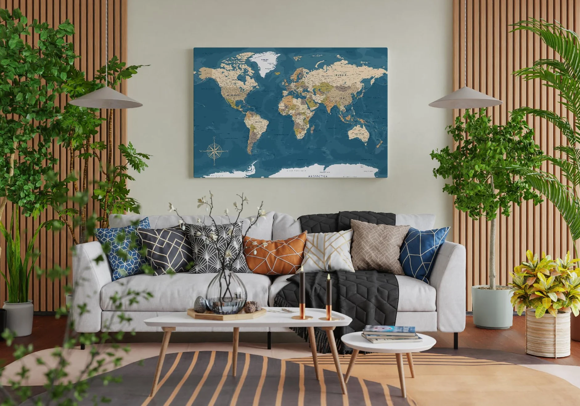 framed concept | Mappa del mondo con puntine | decorazione da parete fatta a mano con 50 puntine dorate | idea regalo originale