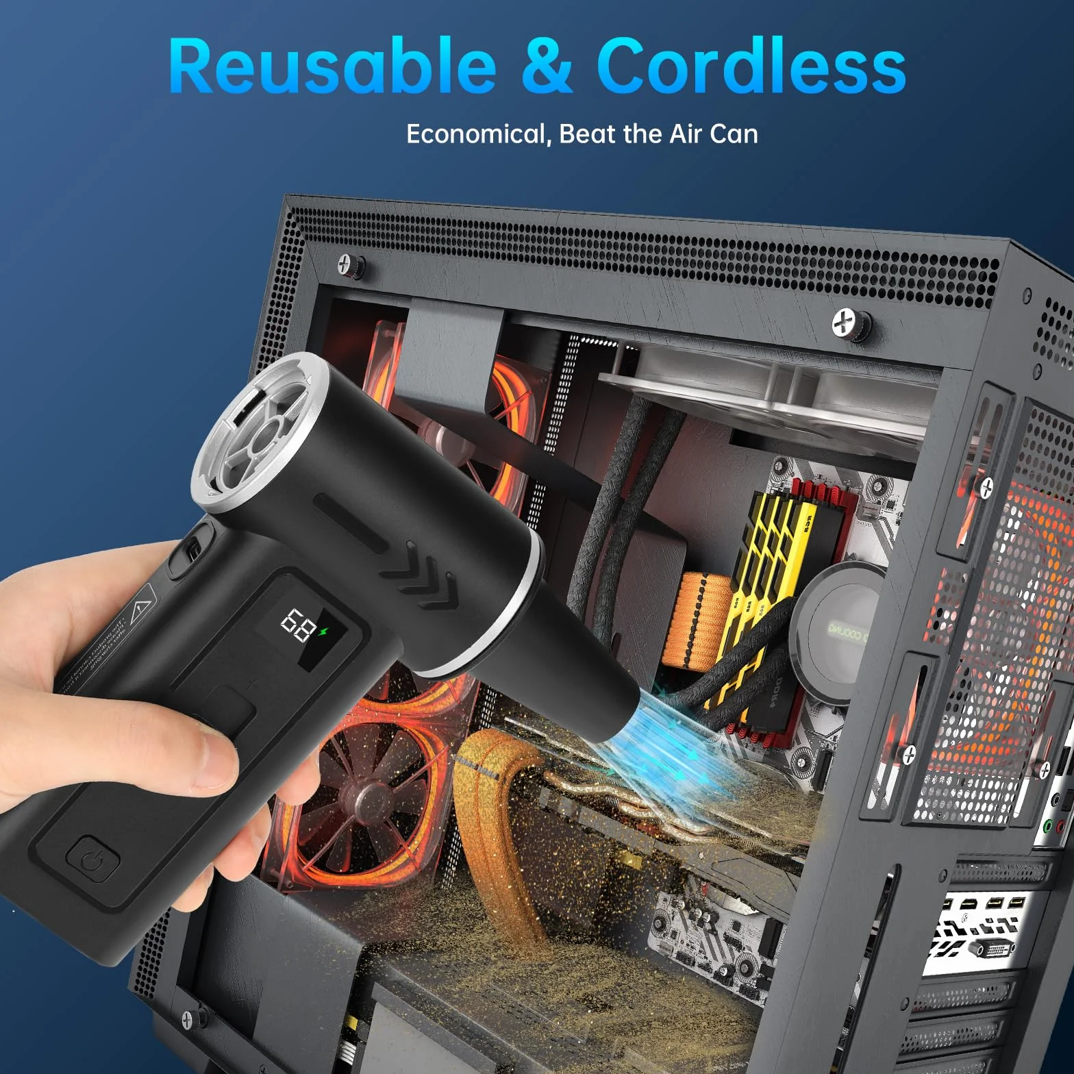 Soffiatore Aria Compressa 2-in-1 Air Duster Elettrico & Aspirapolvere 180000 RPM, Batteria 8000mAh, 100 Livelli di Velocità, Display Digitale, Kit Pulizia PC, Tastiera e Auto, USB-C (Nero)