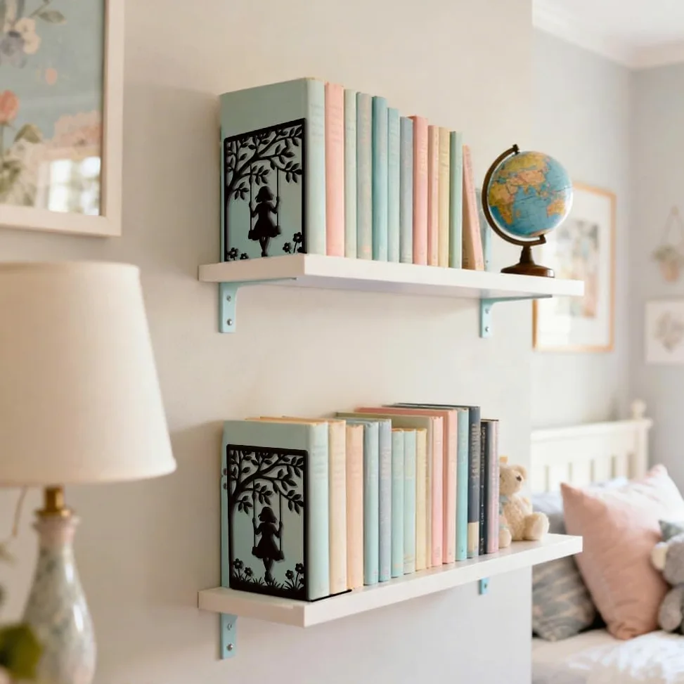Peacoblue Fermalibri in metallo per scaffali, fermalibri moderni decorativi resistenti, per scrivania da ufficio, stanza 11,9 x 8,9 x 18 cm, fermalibri alti in ghisa, 1 paio (ragazza sull'altalena