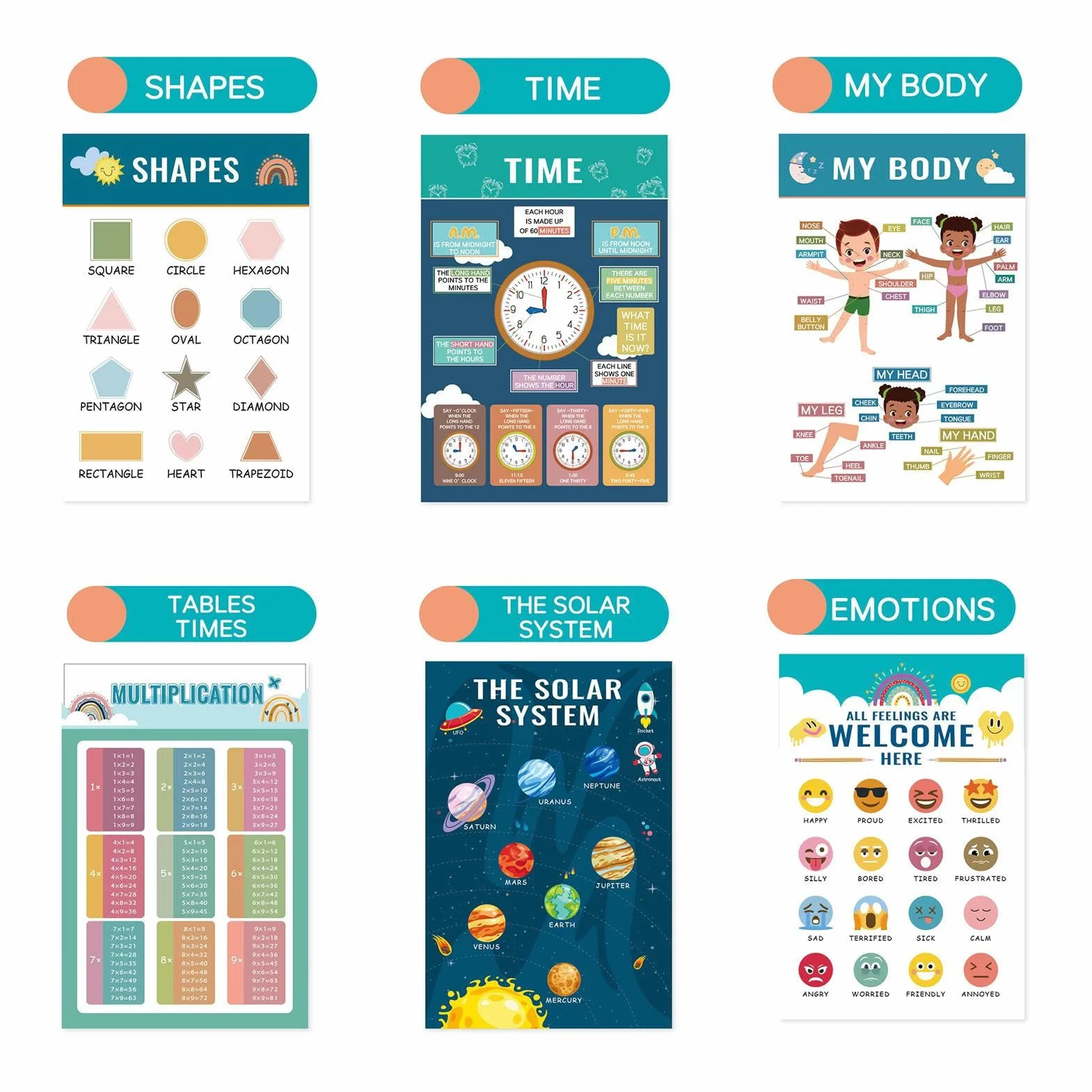 Poster educativi 40,2 x 40,2 cm set di 12 stampe con numeri e lettere per bambini in età prescolare