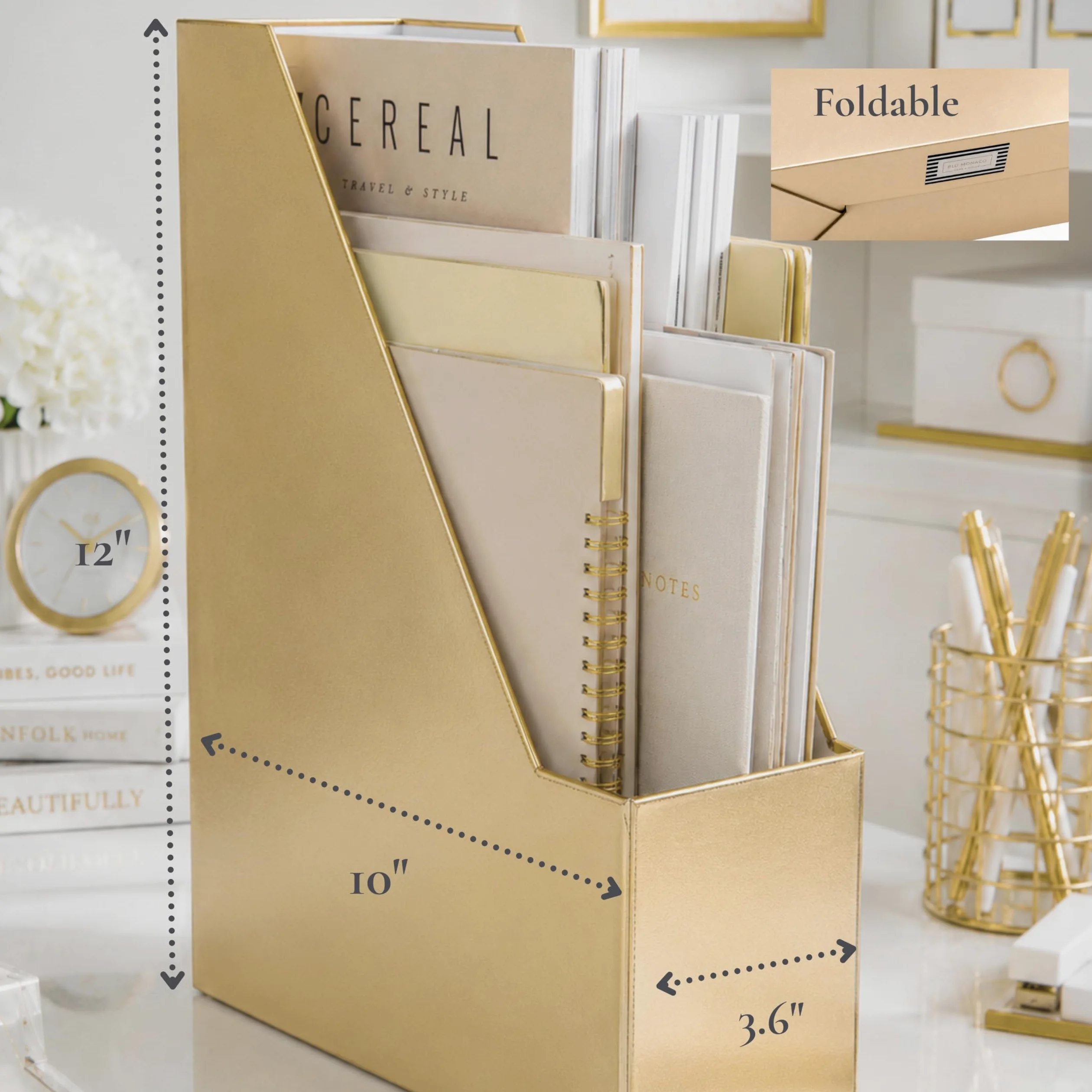 Blu Monaco Portariviste Pieghevole in Oro con Porta Etichette Oro - Set di 4 scatole Porta riviste in Cartone - Accessori da scrivania Dorati