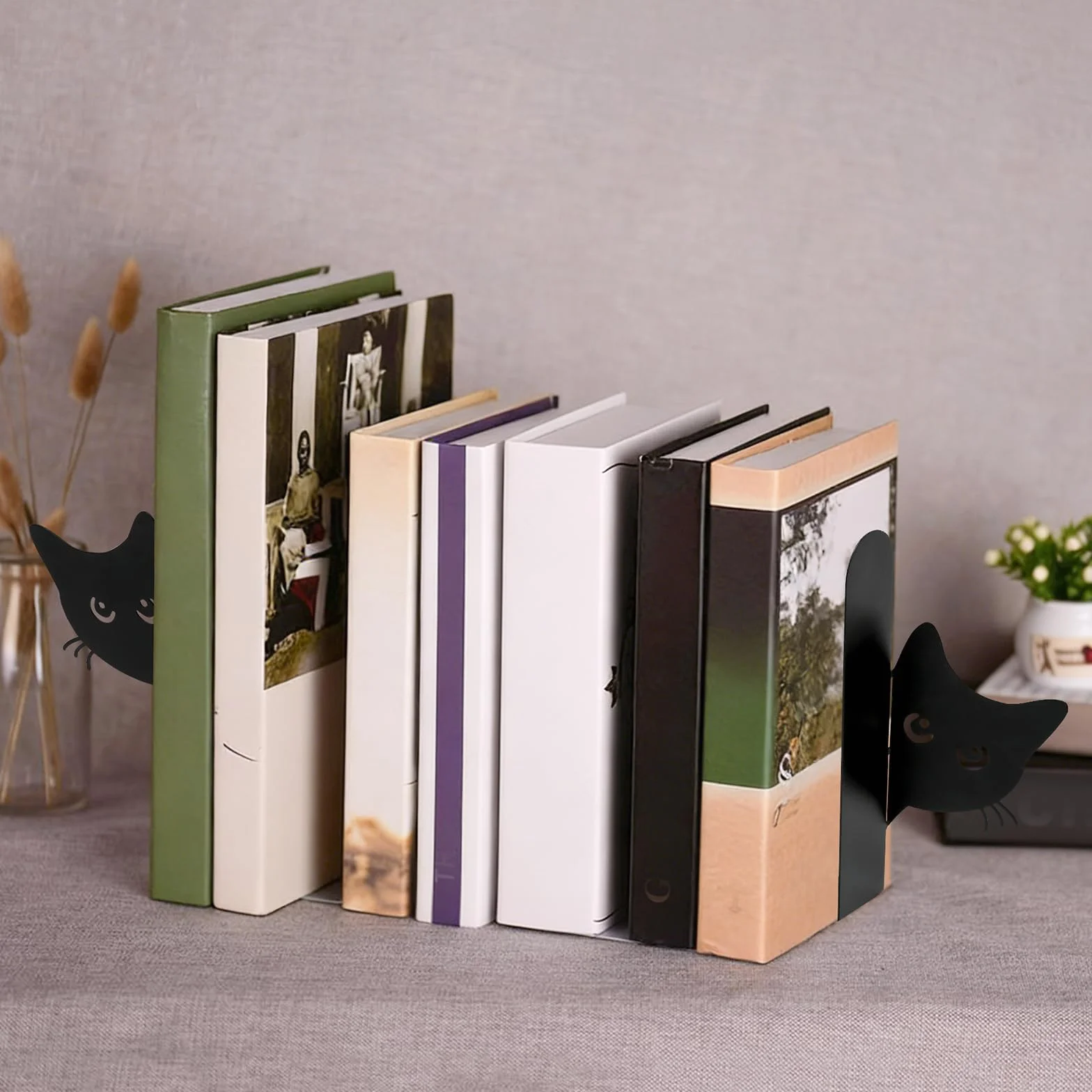 Fermalibri in Metallo con Gatto, 2 Pezzi, Divisori Libri con Segnalibro Magnetico, Reggilibri per Libreria