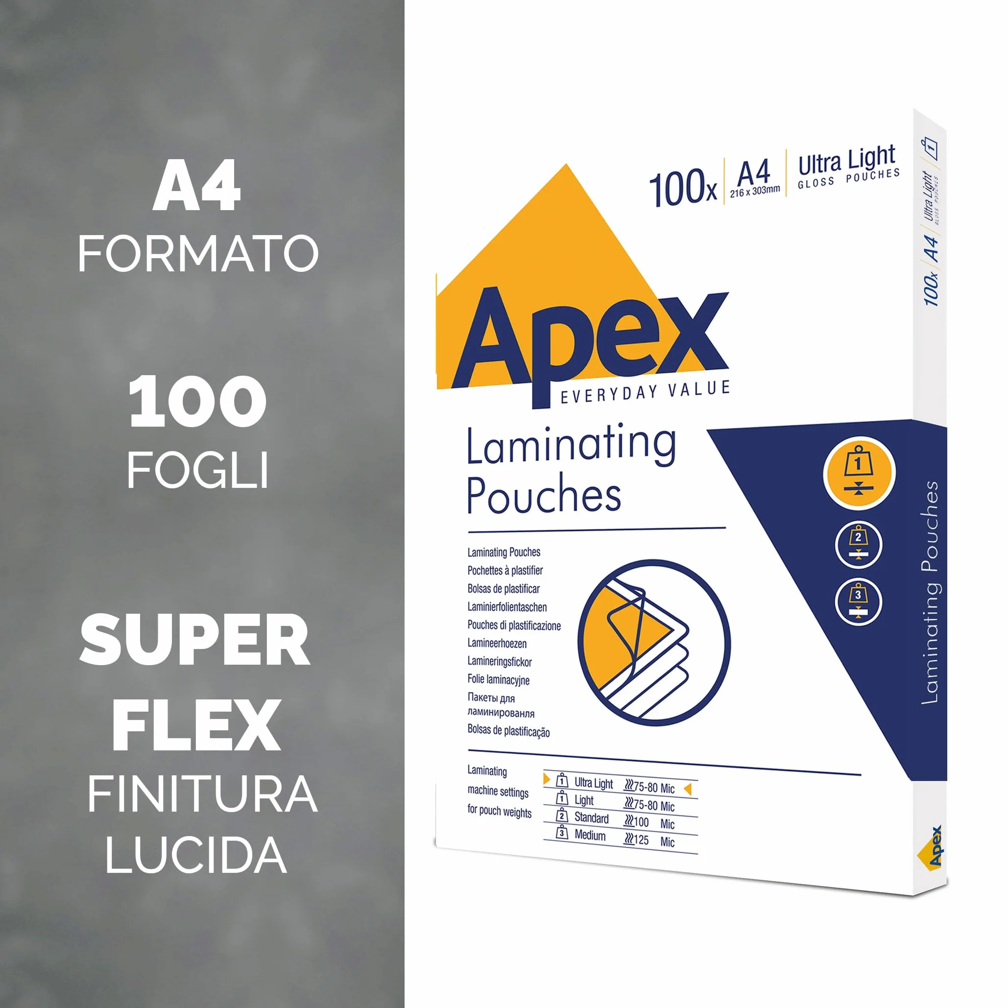 Fellowes Apex A4 Pouches plastificazione lucida 100 fogli Super-Flex