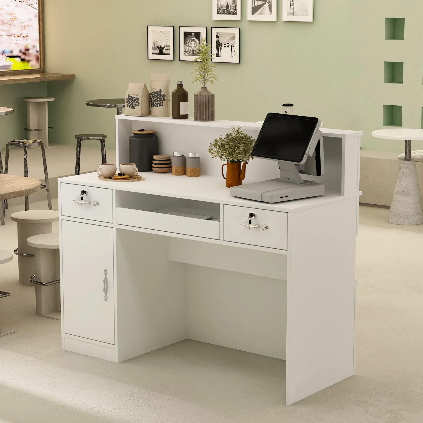 Banco reception con luce e cassetti, reception in bianco, cassette di ricevimento, bancone dell'ufficio, per sale aziendali, reception alberghiere, negozi di frutta 50 x 120 x 100 H cm