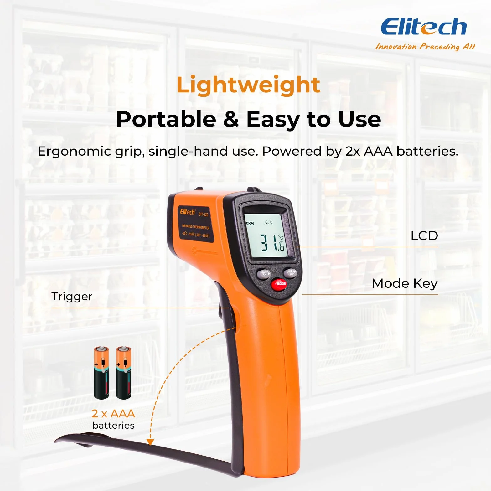 Elitech DIT-220 Termometro IR Digitale Senza Contatto -50°C a 530°C Emissività Regolabile