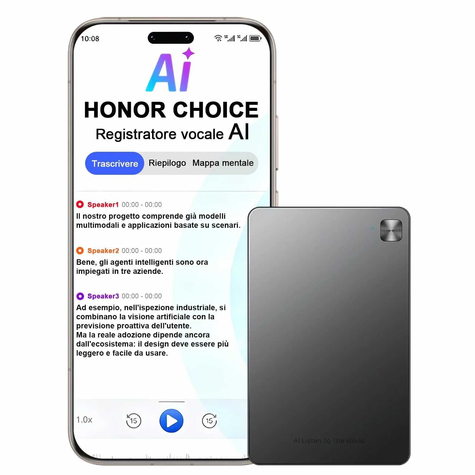 HONOR CHOICE AI Note Registratore Vocale, 600 Min/Mese di Trascrizione Gratuita, Dictafone Digitale con Riepiloghi IA e Mappe Mentali, 130+ Lingue, Sottile Scheda Magnetica, per Riunioni e Chiamate