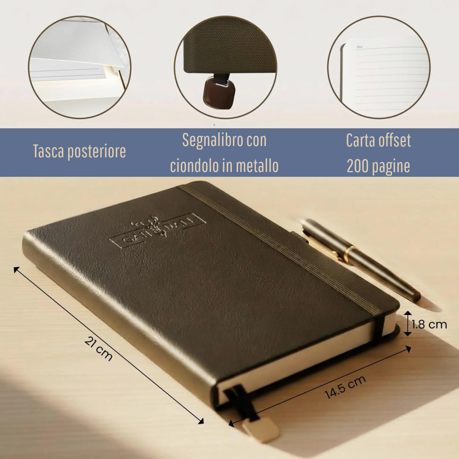 Confezione da 4 quaderni A5 con copertina in pelle PU goffrata | 200 pagine a righe - carta offset- tasca posteriore- porta penna- fascia elastica contenitore- segnalibro con ciondolo
