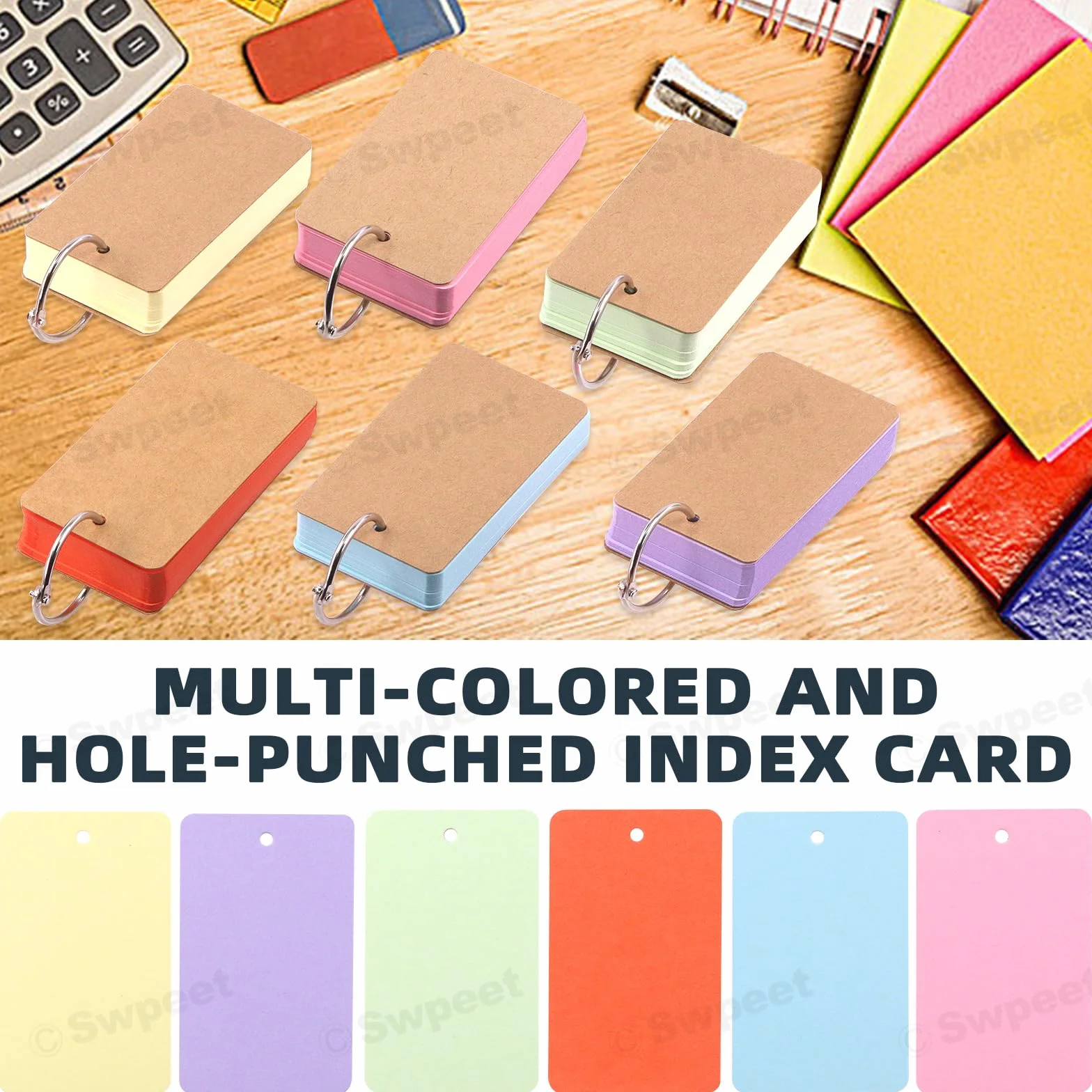 Swpeet 300 fogli schede colorate con anelli rilegatura 5,3 x 8,9 cm 6 colori flash card scuola apprendimento memoria