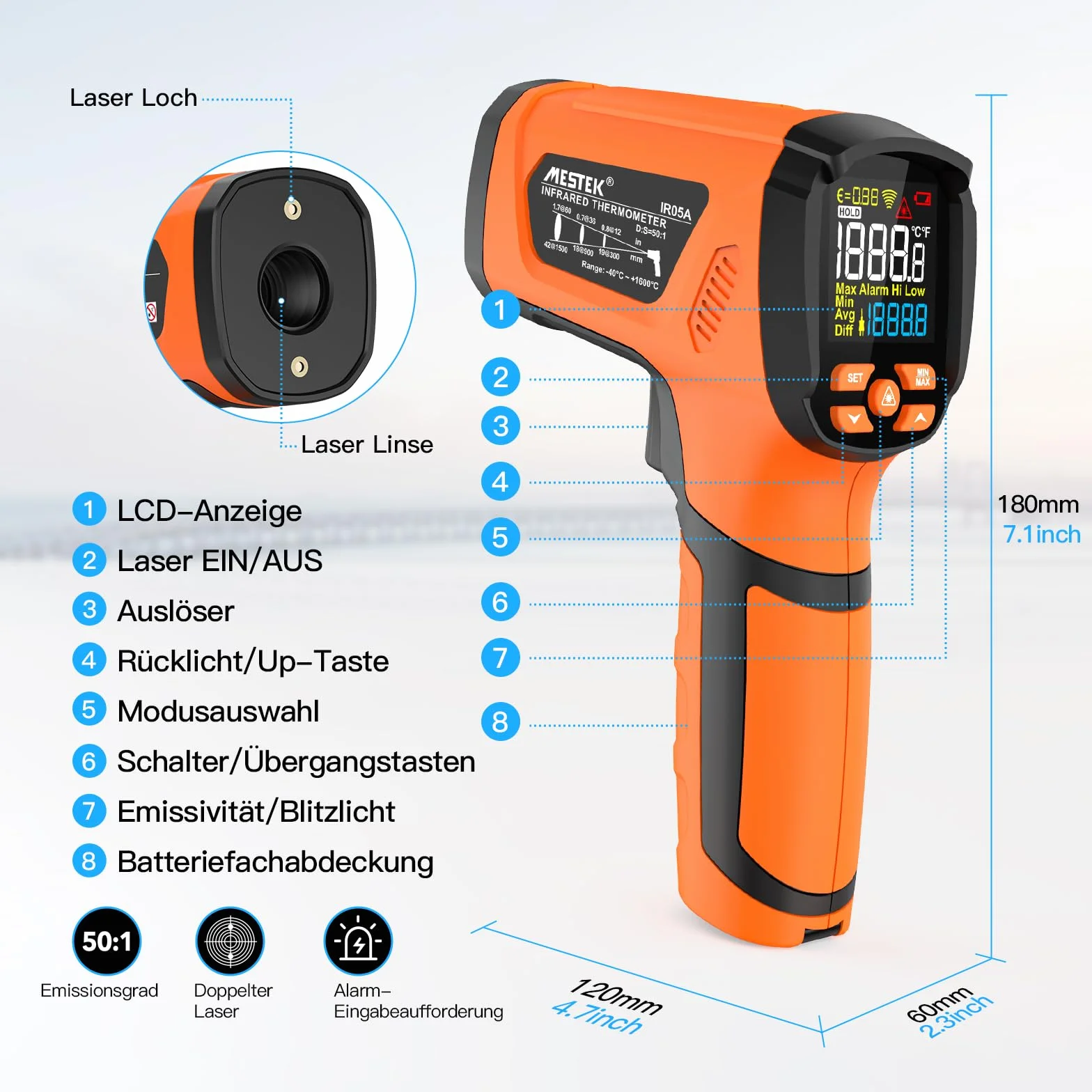 MESTEK Termometro a Infrarossi Digitale -40°C~1600°C con K-Probe Senza Contatto LCD