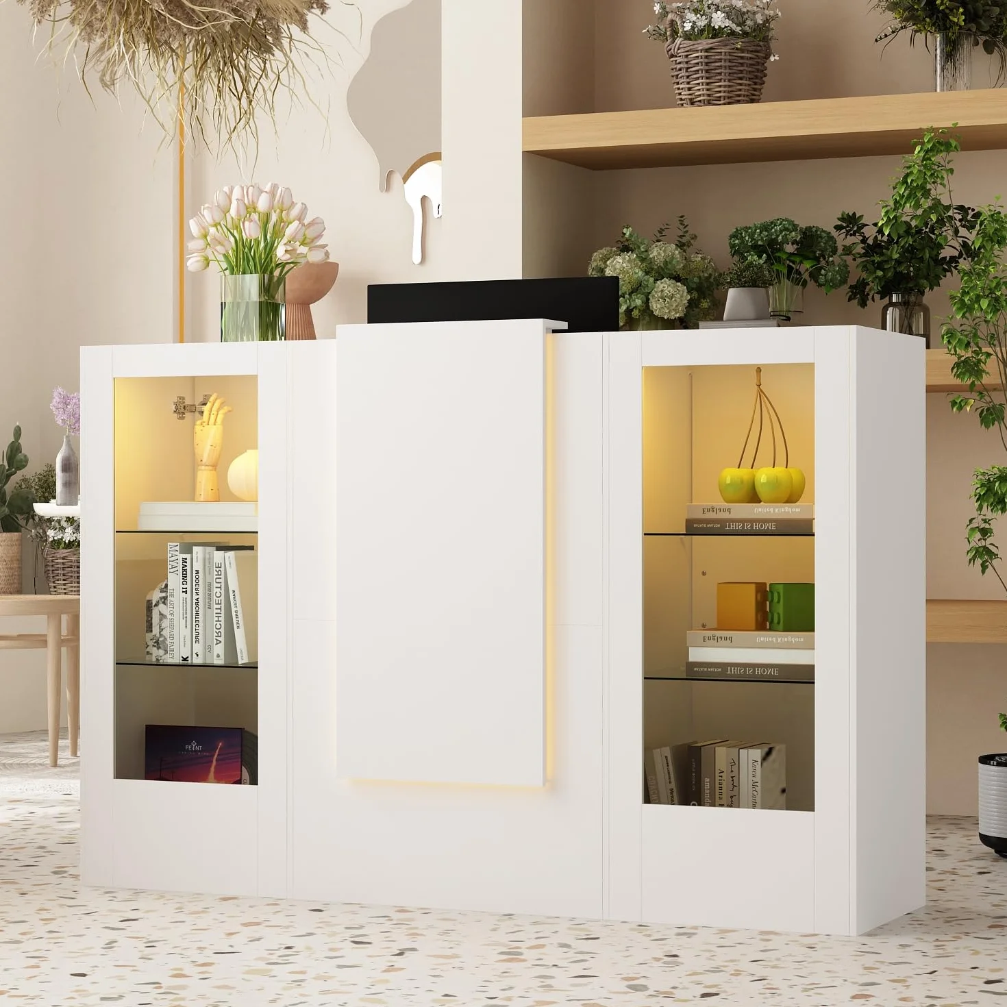 Bancone da reception bianco, tavolo da ricevimento con barra luminosa, bancone per reception, bancone ricezione, tavolo per reception, bancone ricezione con 2 armadietti e 1 vassoio scorrevole