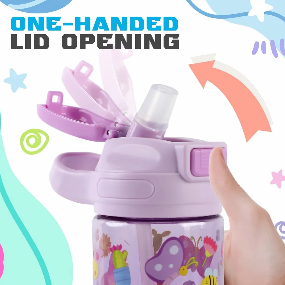 Borraccia Bambini 400ml Robusta Infrangibile Senza BPA One-Touch con Cannuccia Farfalla