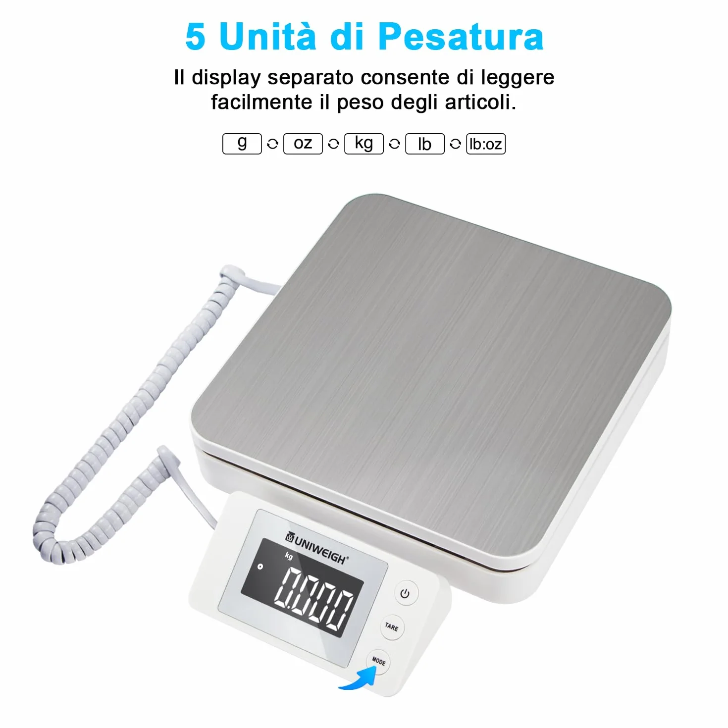UNIWEIGH Bilancia postale digitale 39,9 kg/2,8 g con tara e display LCD per pacchi