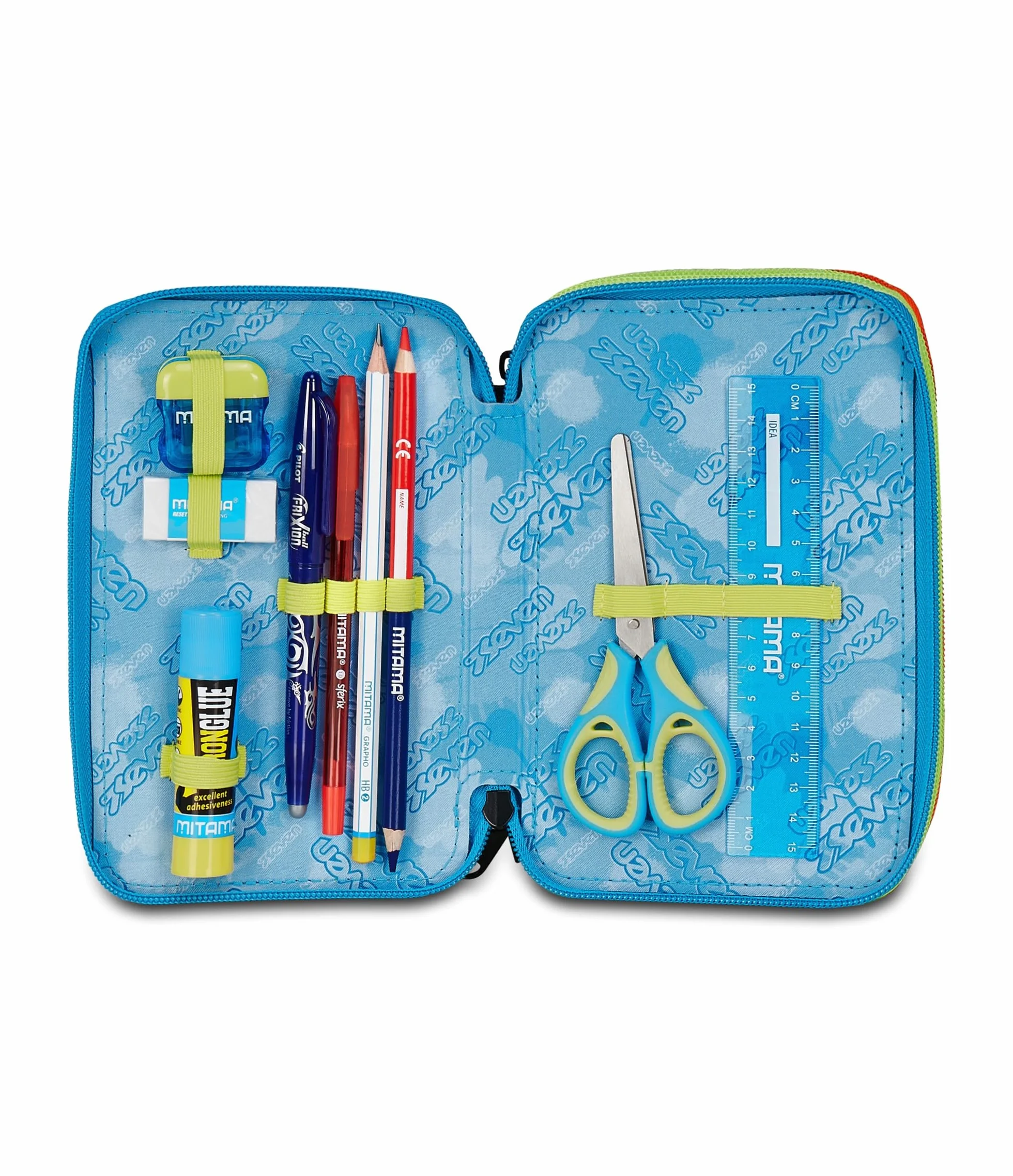 Seven Astuccio Scuola 3 Zip SCRIBBLED FLAME, Blu, Portapenne Triplo Scomparto Completo Di Penne, Matite, Colori, Accessori Zaino, Scuola Elementare, Bambino