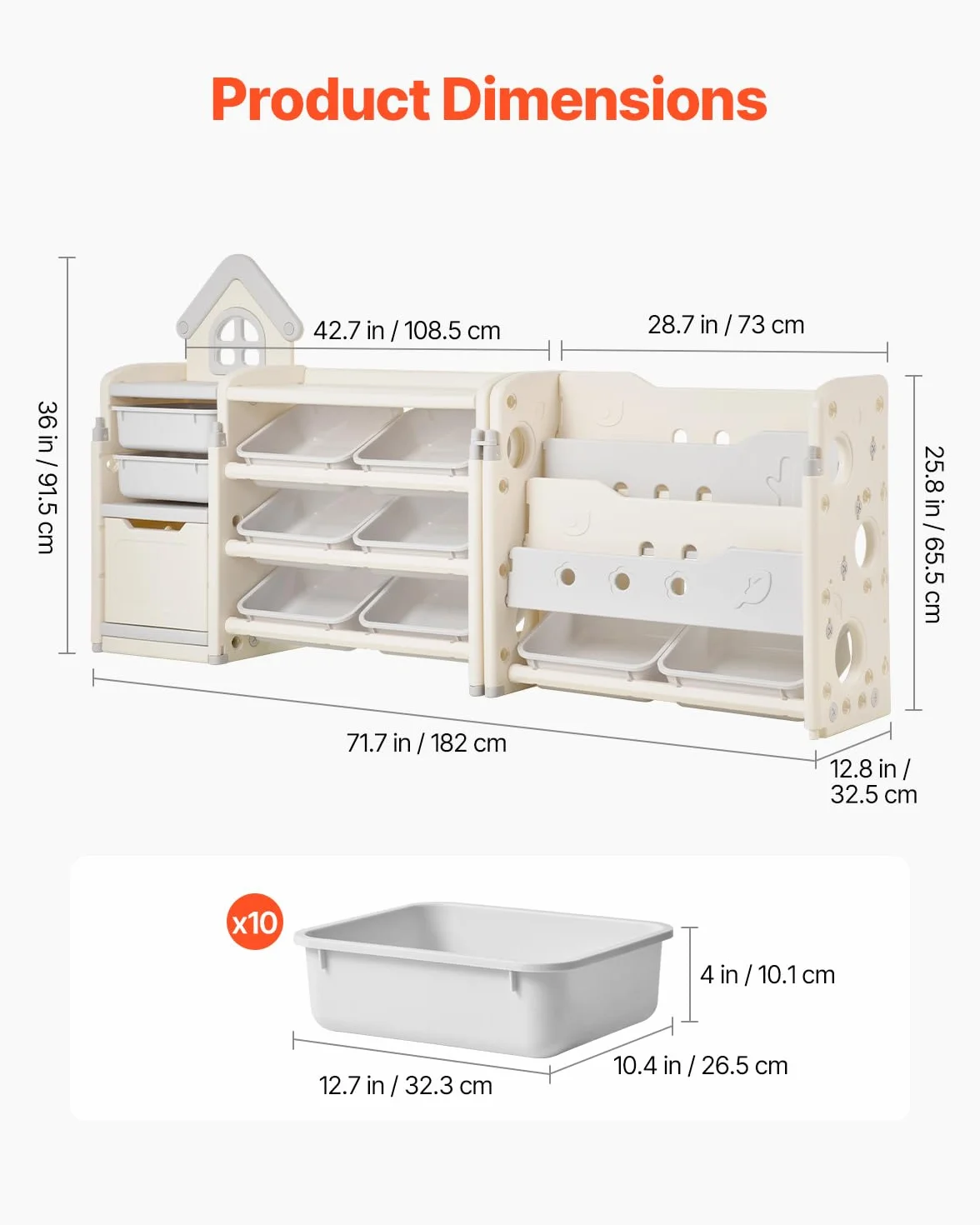 VEVOR Scaffale per Giocattoli in HDPE, Organizzatore per Giocattoli Multifunzionale a 4 Ripiani con 10 Contenitori in Plastica Flessibile, per Camera da Letto e Cameretta dei Bambini, Grigio e Beige