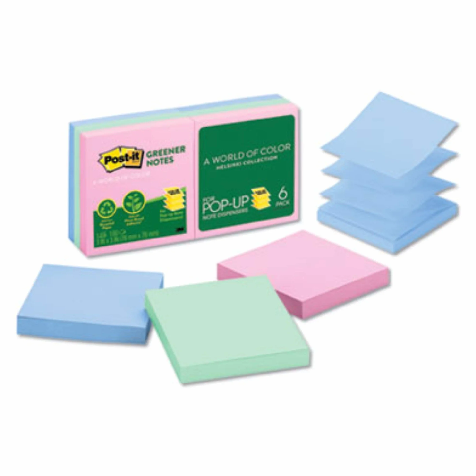 Post it (R) - Blocco note pop-up, Foglietti 100% riciclati, 7,6 x 7,6 cm, Helsinki, confezione da 6 blocchetti