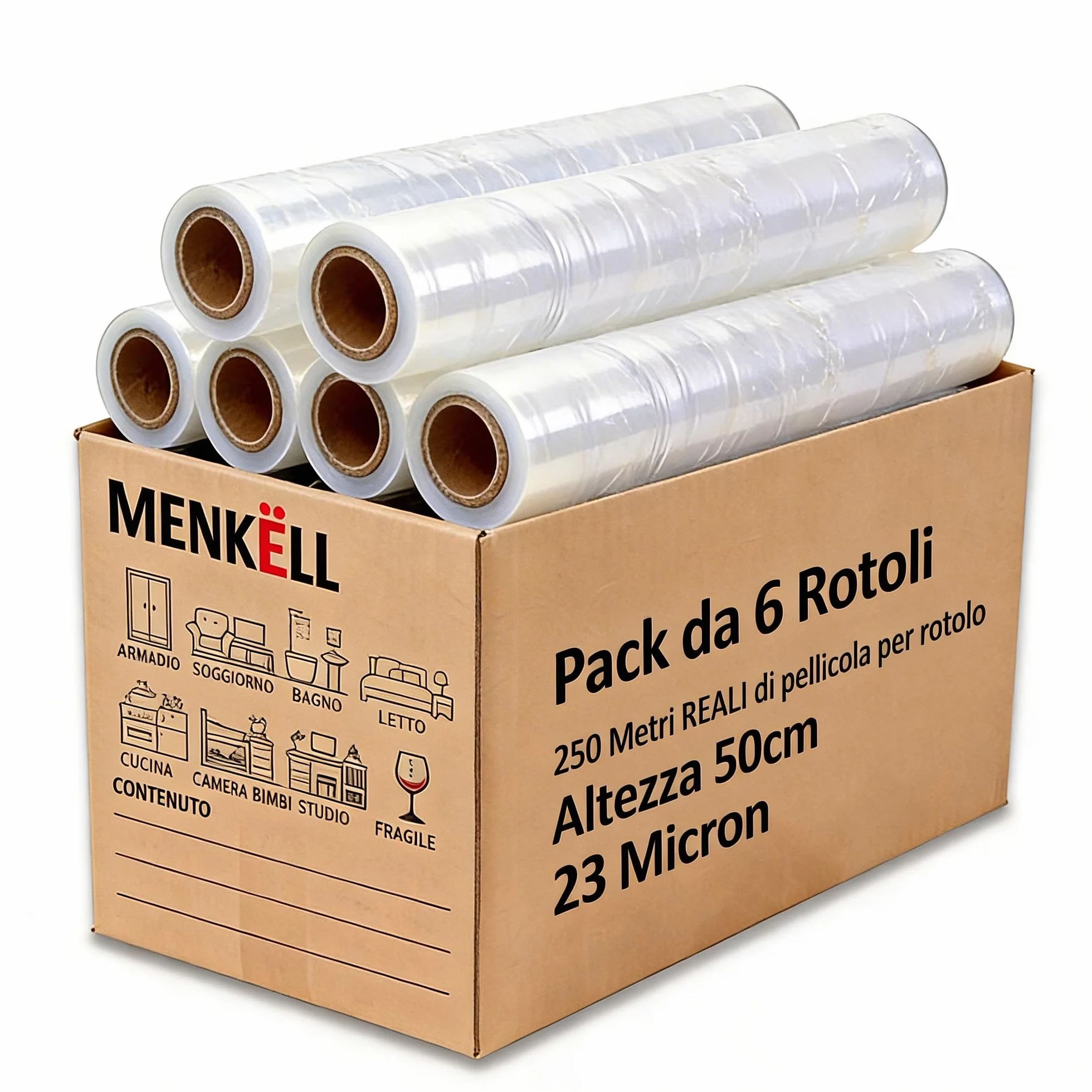 Pellicola trasparente per imballaggio 23 micron 50cm 250m 6 rotoli Made in UE