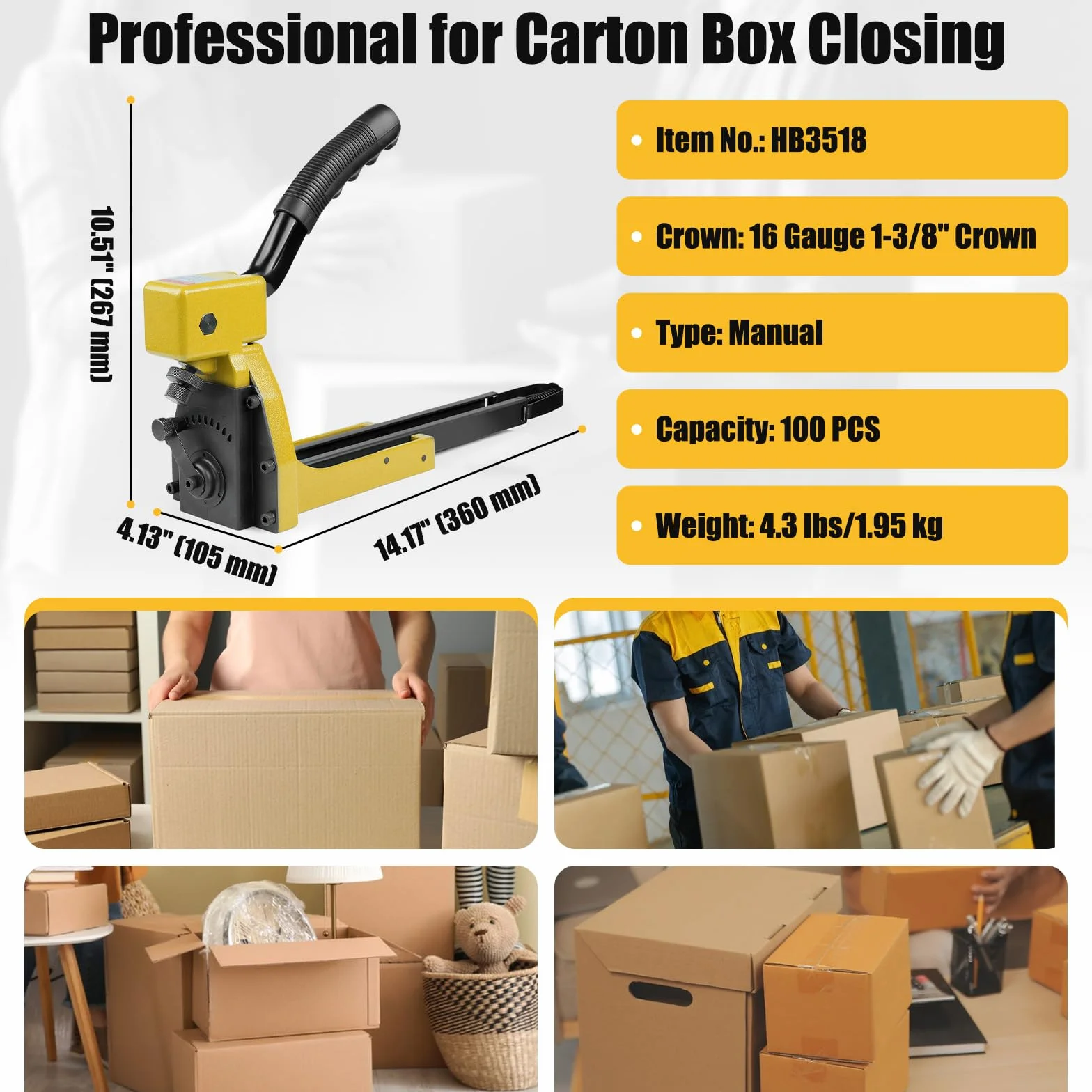HB3518 Cucitrice manuale per la chiusura dei cartoni con estrattore di graffe, calibro 16, corona 34,7 mm, macchina per il fissaggio di scatole di cartone per la piegatura