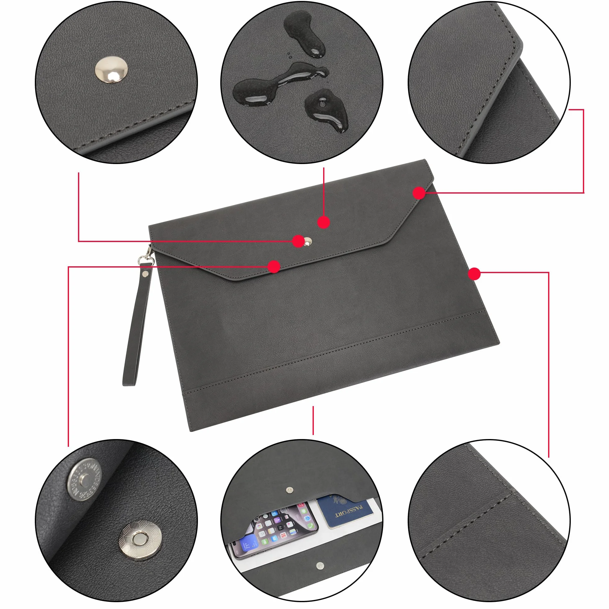 Portadocumenti A4 in Pelle Sintetica Alta Capacità per Portfolio e Tablet PC Grigio Scuro