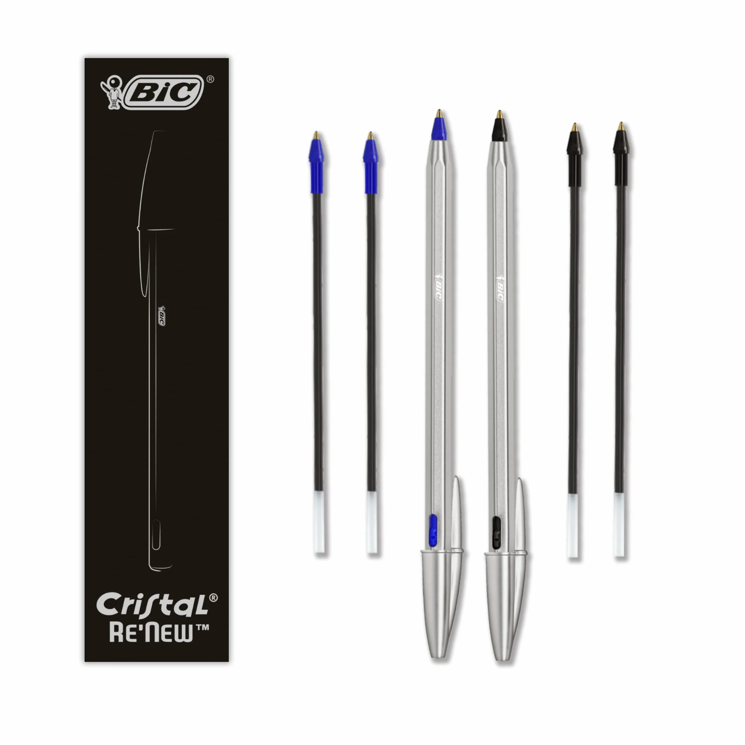 BIC Cristal Re'New Gift Box, Penna a Sfera Ricaricabile in Metallo, Blu e Nero, 2 Penne + 4 Ricariche