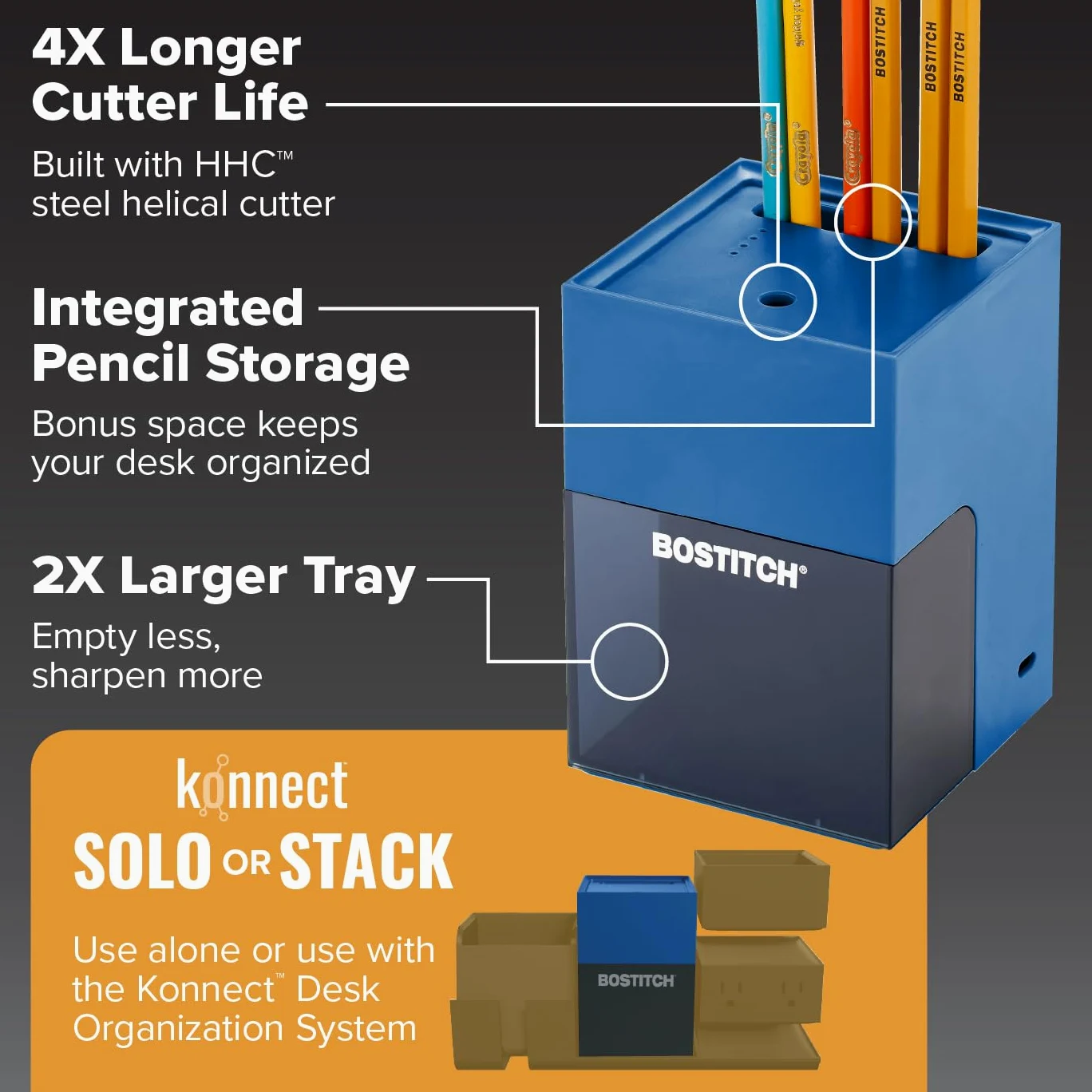Bostitch Konnect - Temperamatite a batteria ricaricabile per organizer da scrivania KT2 n. 2/matite colorate, blu