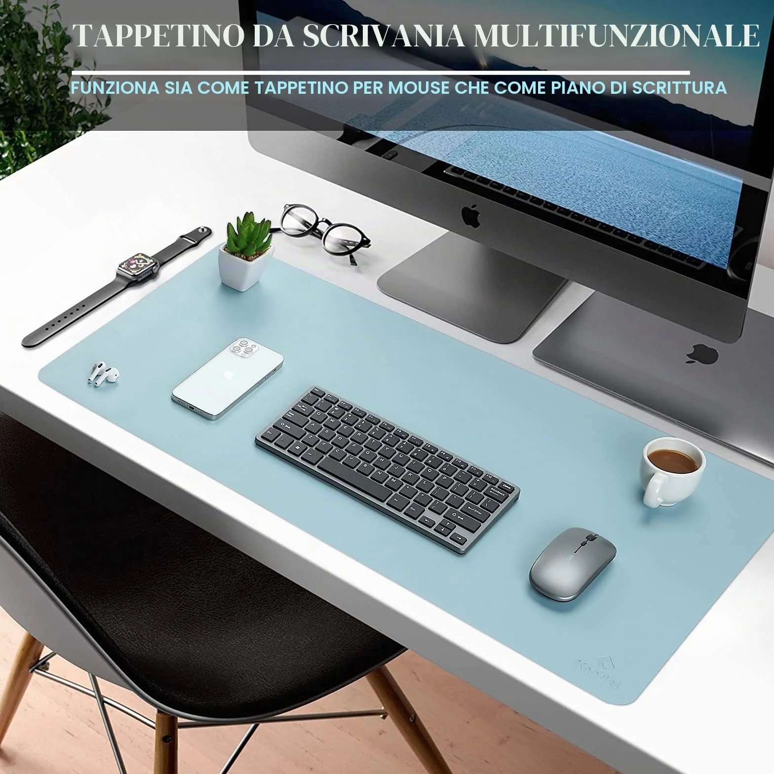 Knodel Tappetino Scrivania 80x40cm Similpelle PU Doppia Facciata Azzurro