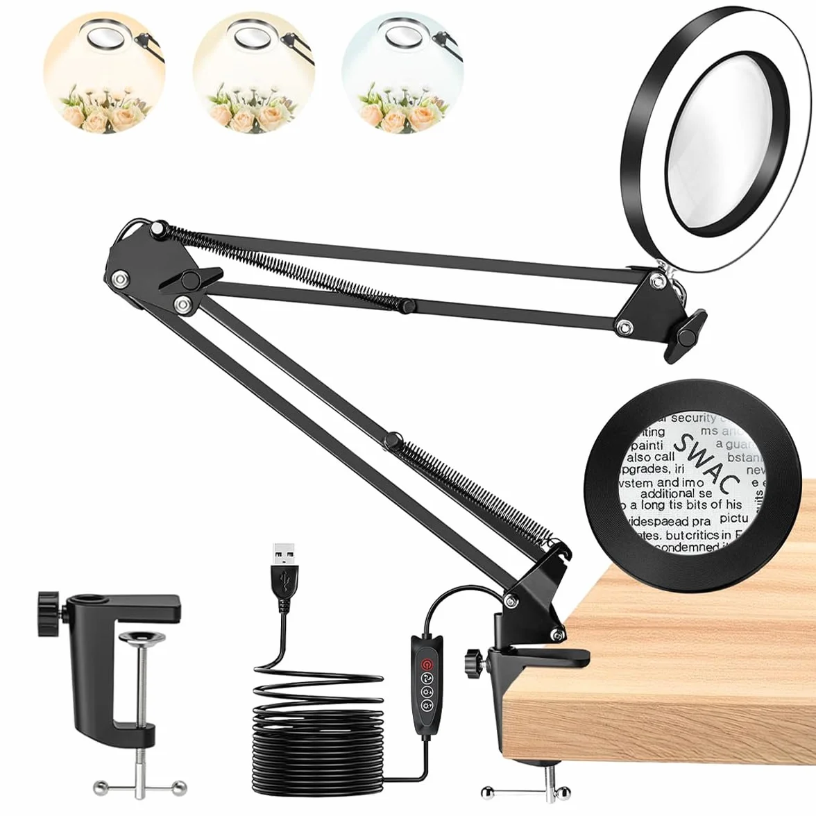 TANYO 10X Lampada con Lente di Ingrandimento, 72 LED, 3 Colori 10 Livelli Luminosità