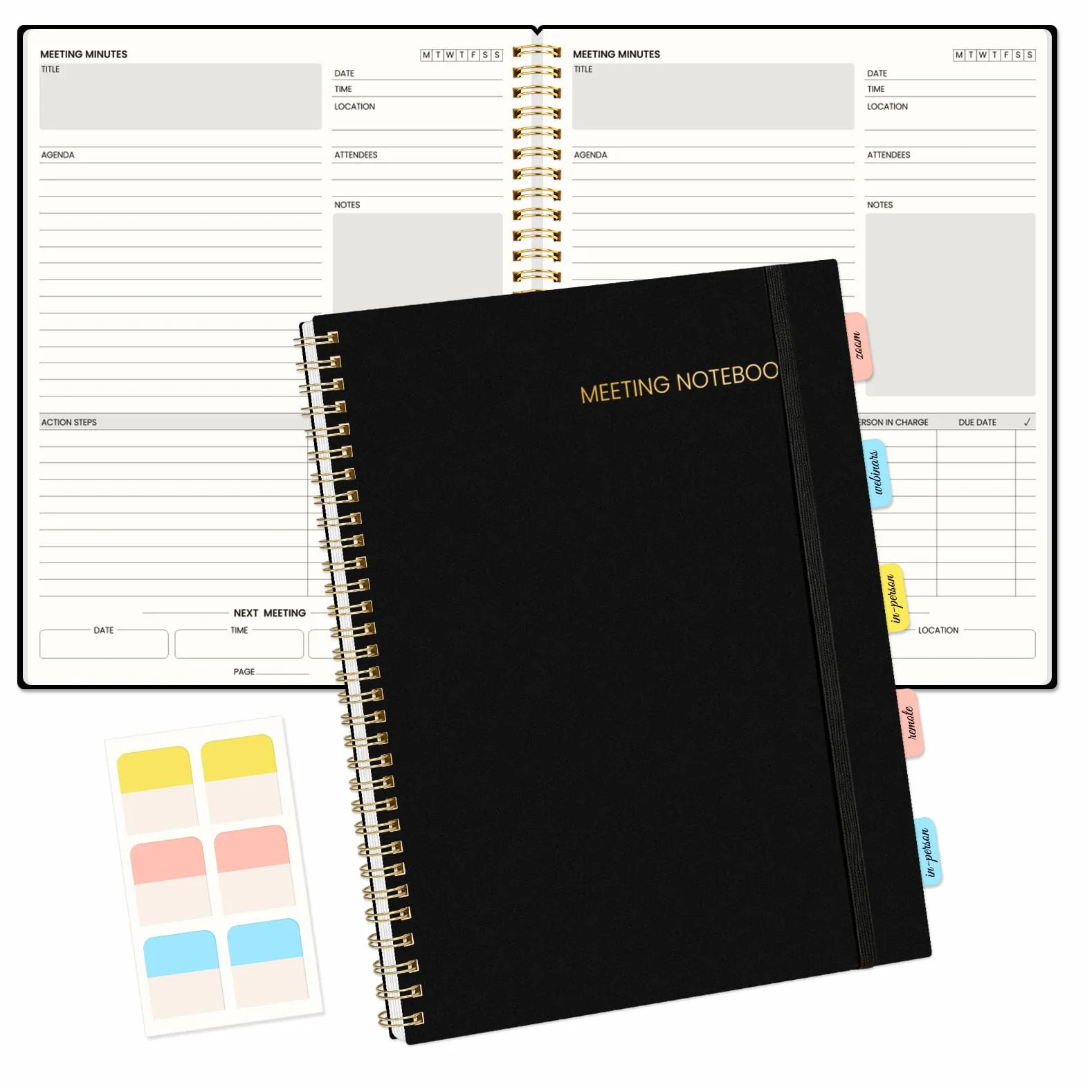 SUNEE Quaderno per riunioni per lavoro con oggetti di azione, 240 pagine, formato A4, agenda per riunioni, agenda e minuti per donne, uomini, appunti, ufficio, affari, 21,5 x 28,9 cm, nero