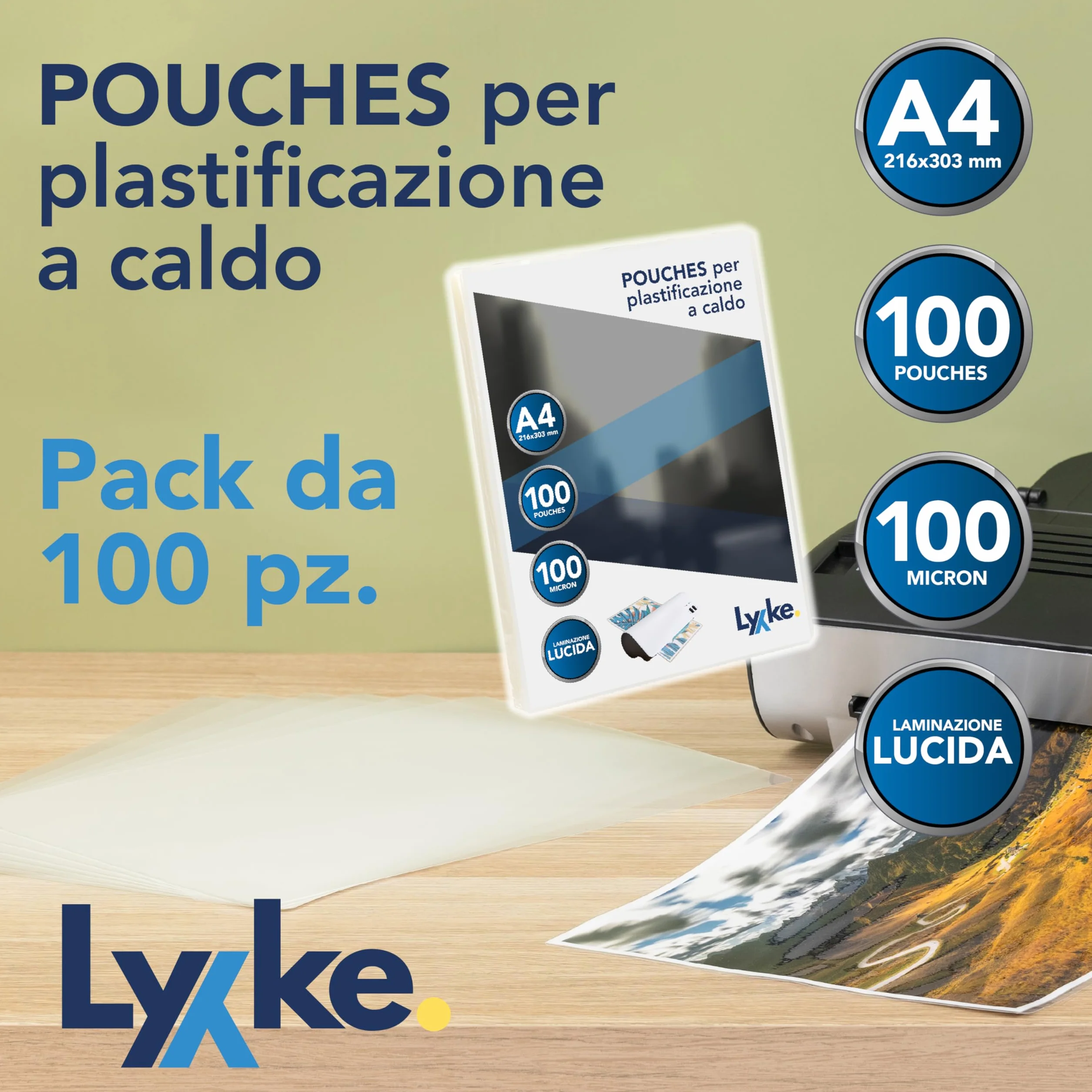 Fogli Plastificatrice A4 100 pz 2x100 micron Lucidi Premium Anti-inceppamento Trasparenti per Foto Documenti