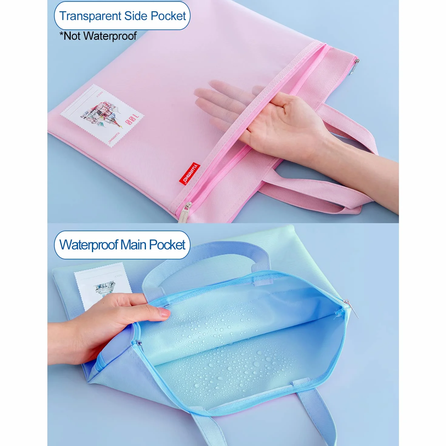 Set di 2 portadocumenti A4 in nylon impermeabili con doppia cerniera blu e rosa