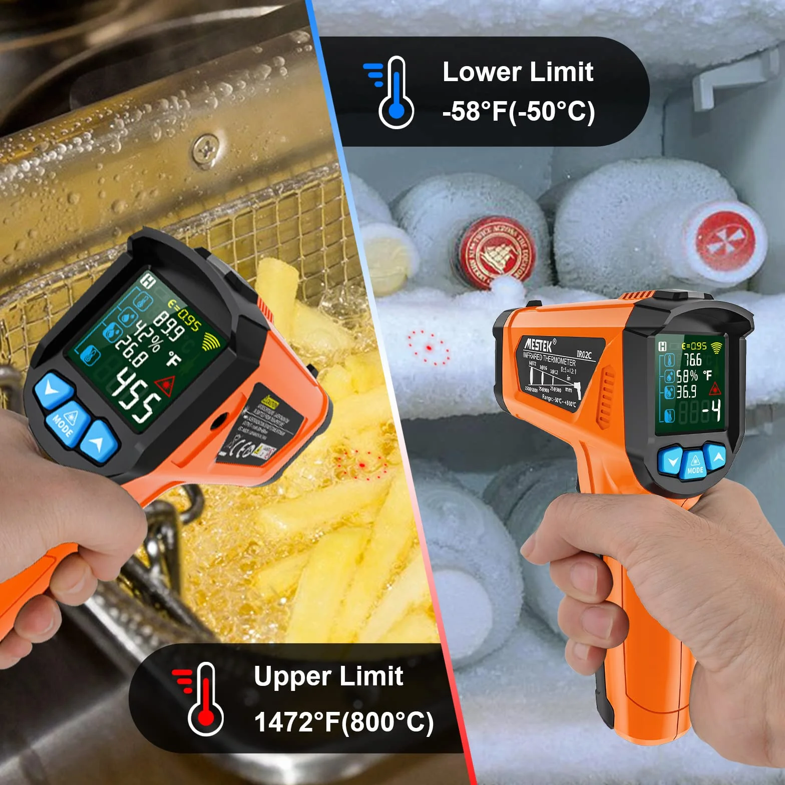 MESTEK Termometro a Infrarossi -50°C~800°C Digitale Laser Pirometro con K-Probe Senza Contatto LCD a Colori